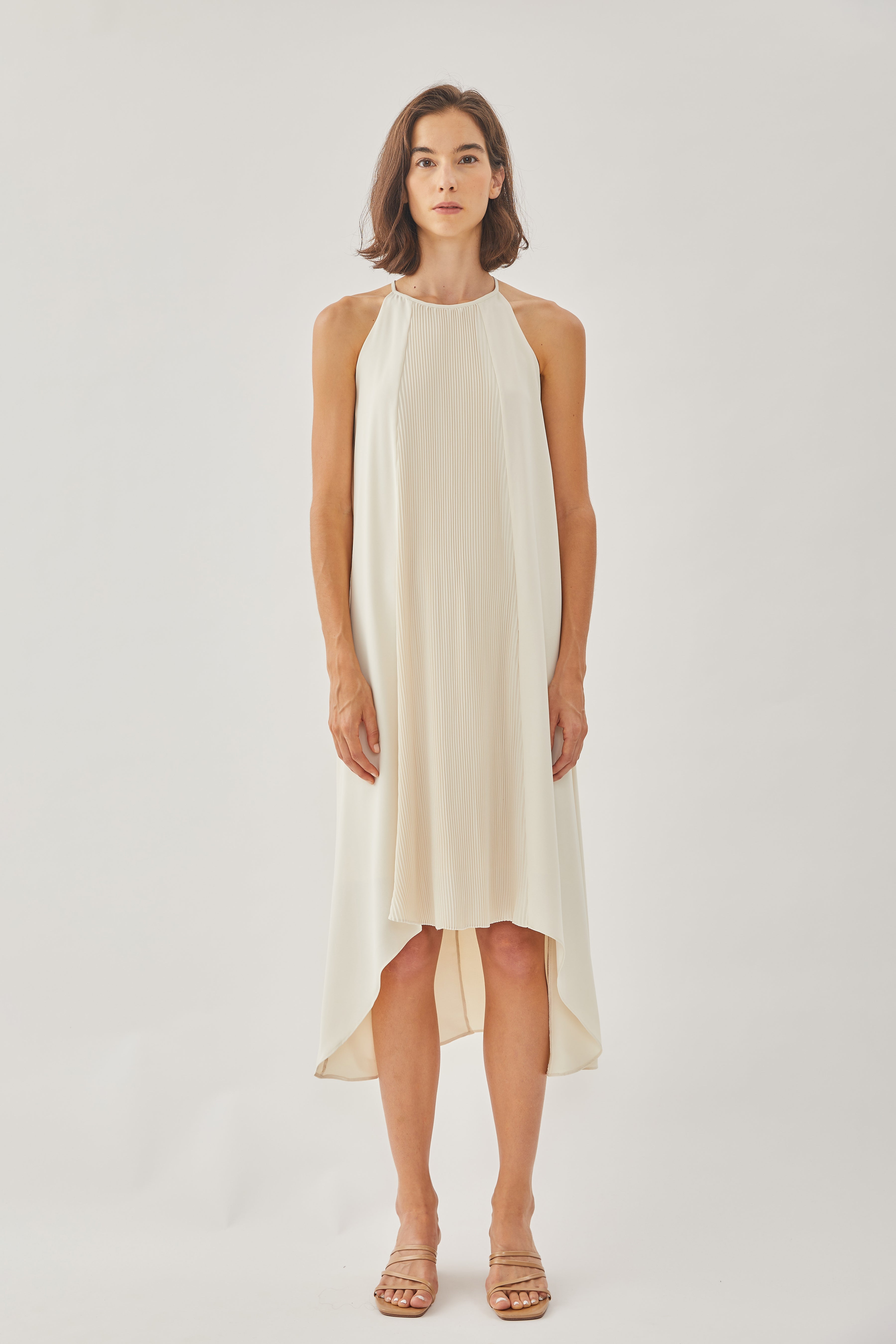 Pleated Halter Dress in Almond