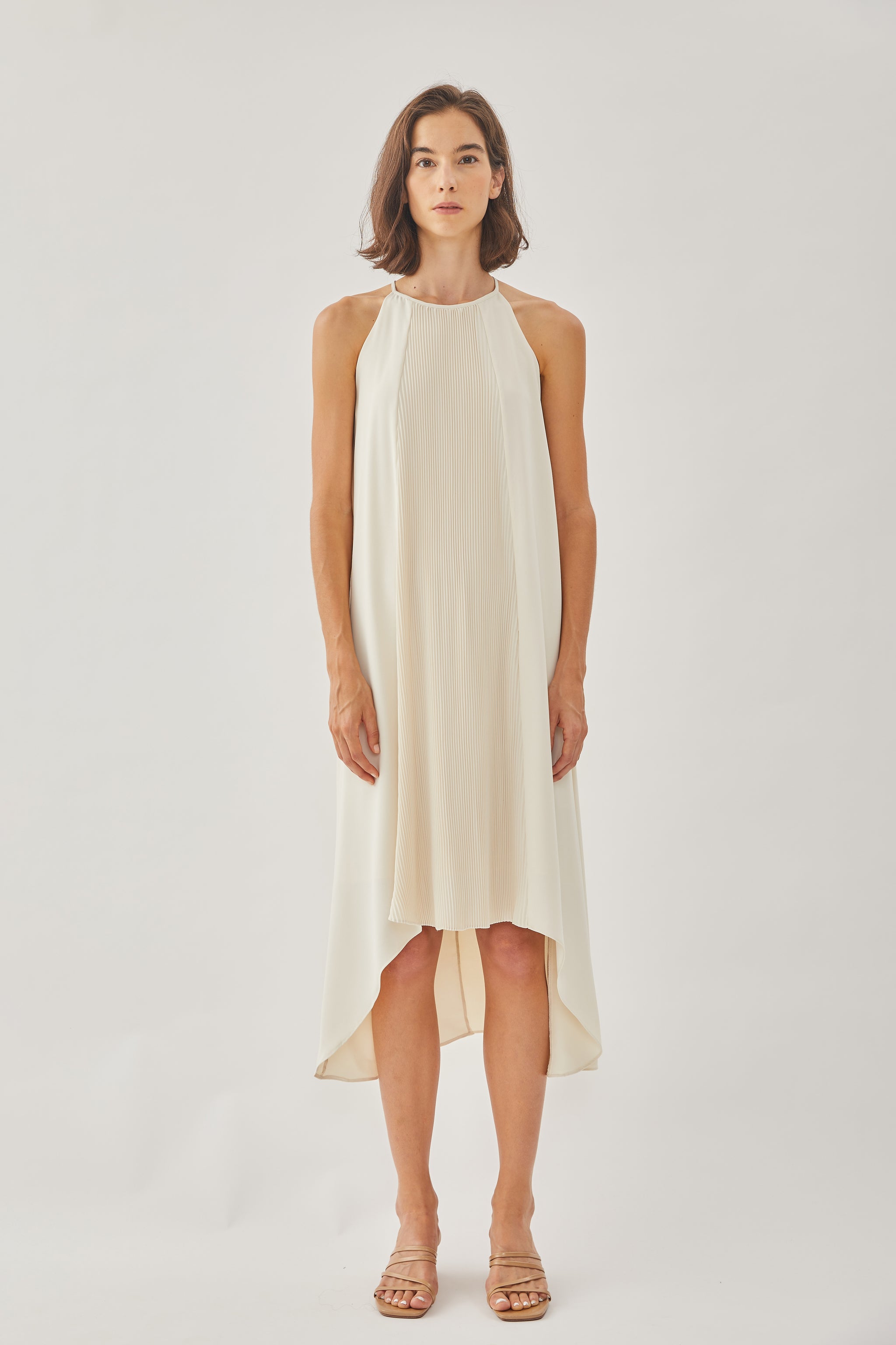 Pleated Halter Dress in Almond