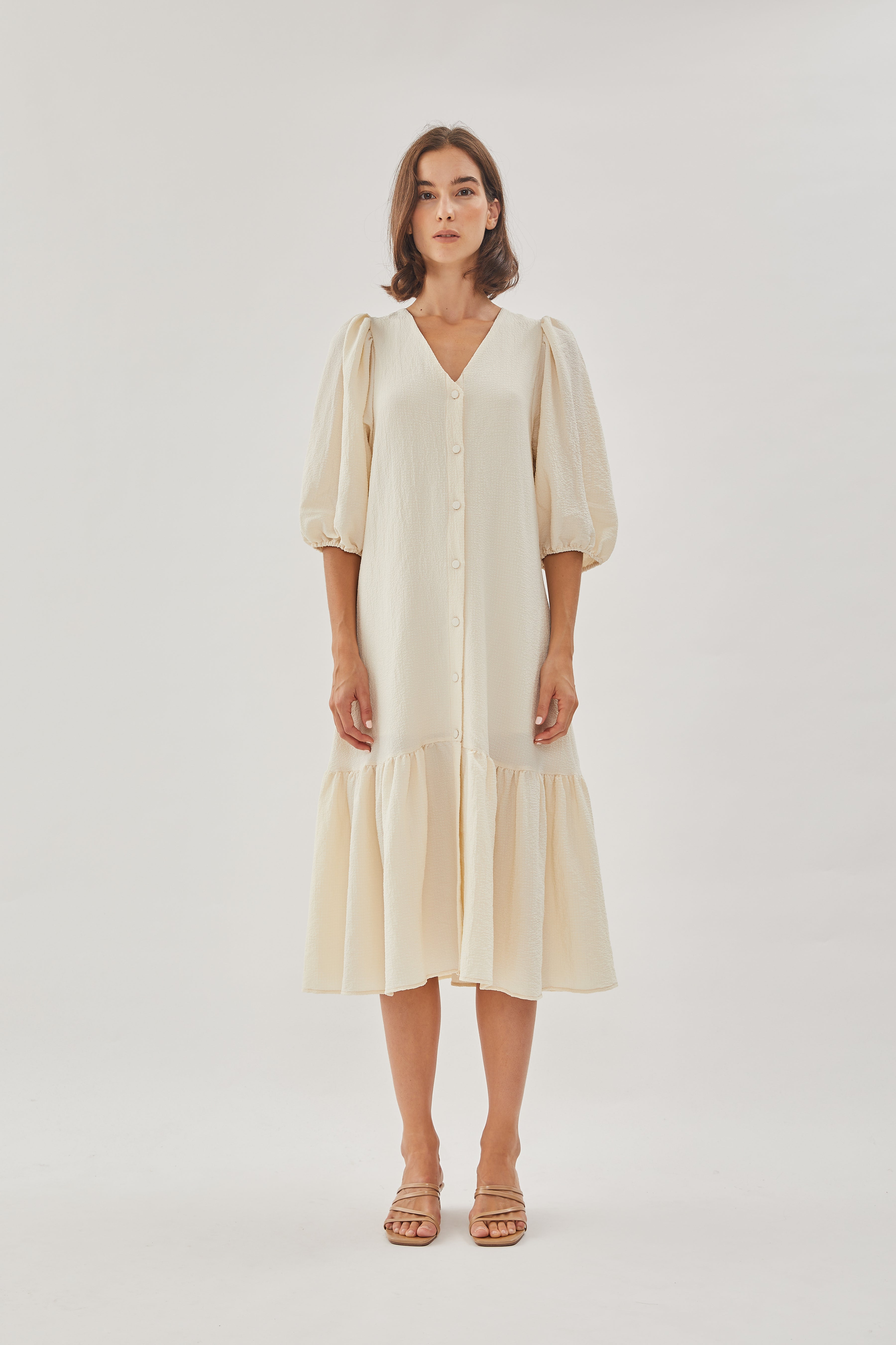 V-neck Midi Dress with Puffed Sleeves in Oatmeal