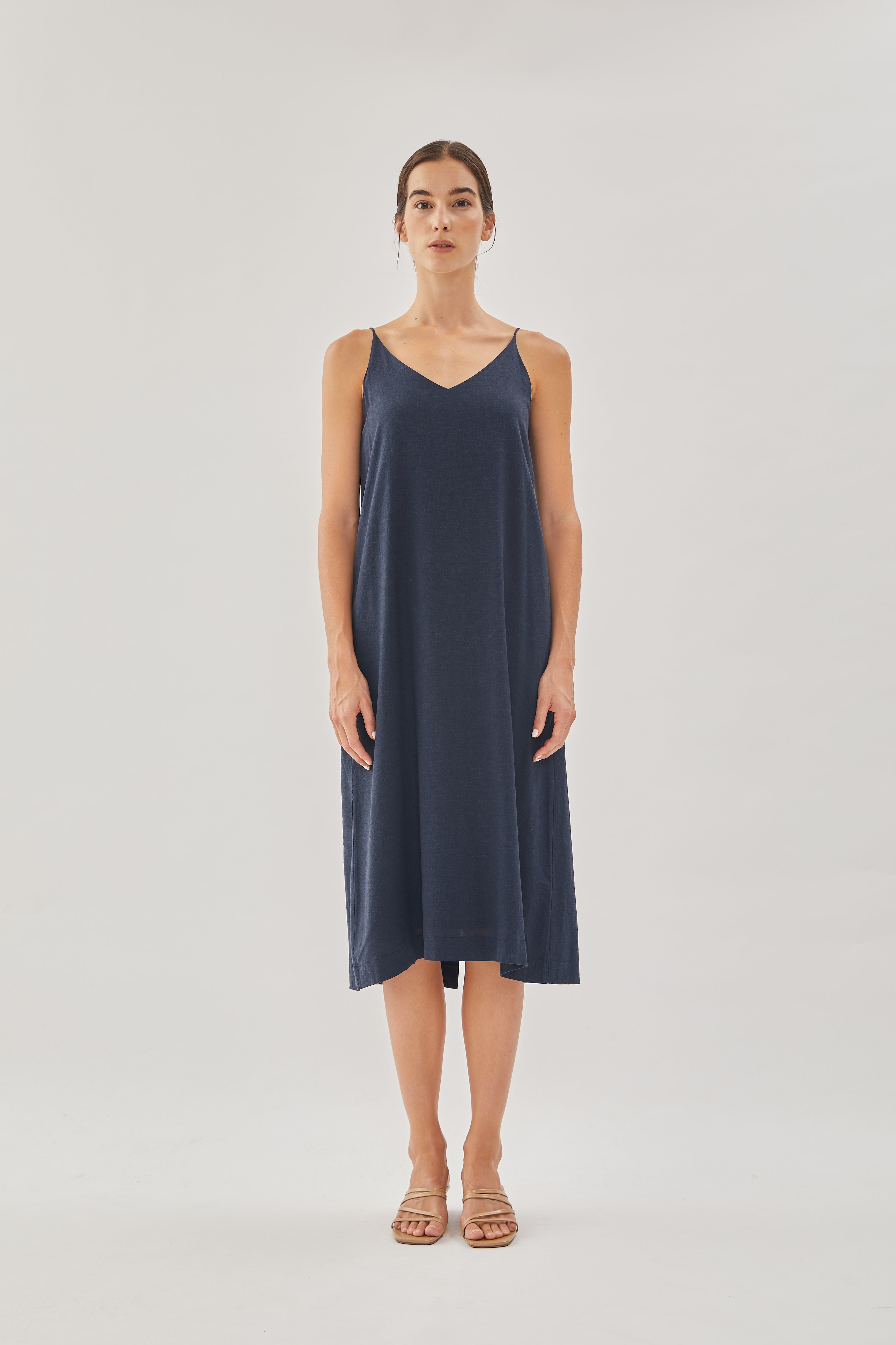 STUDIOS Linen Slip Dress in Dark Navy