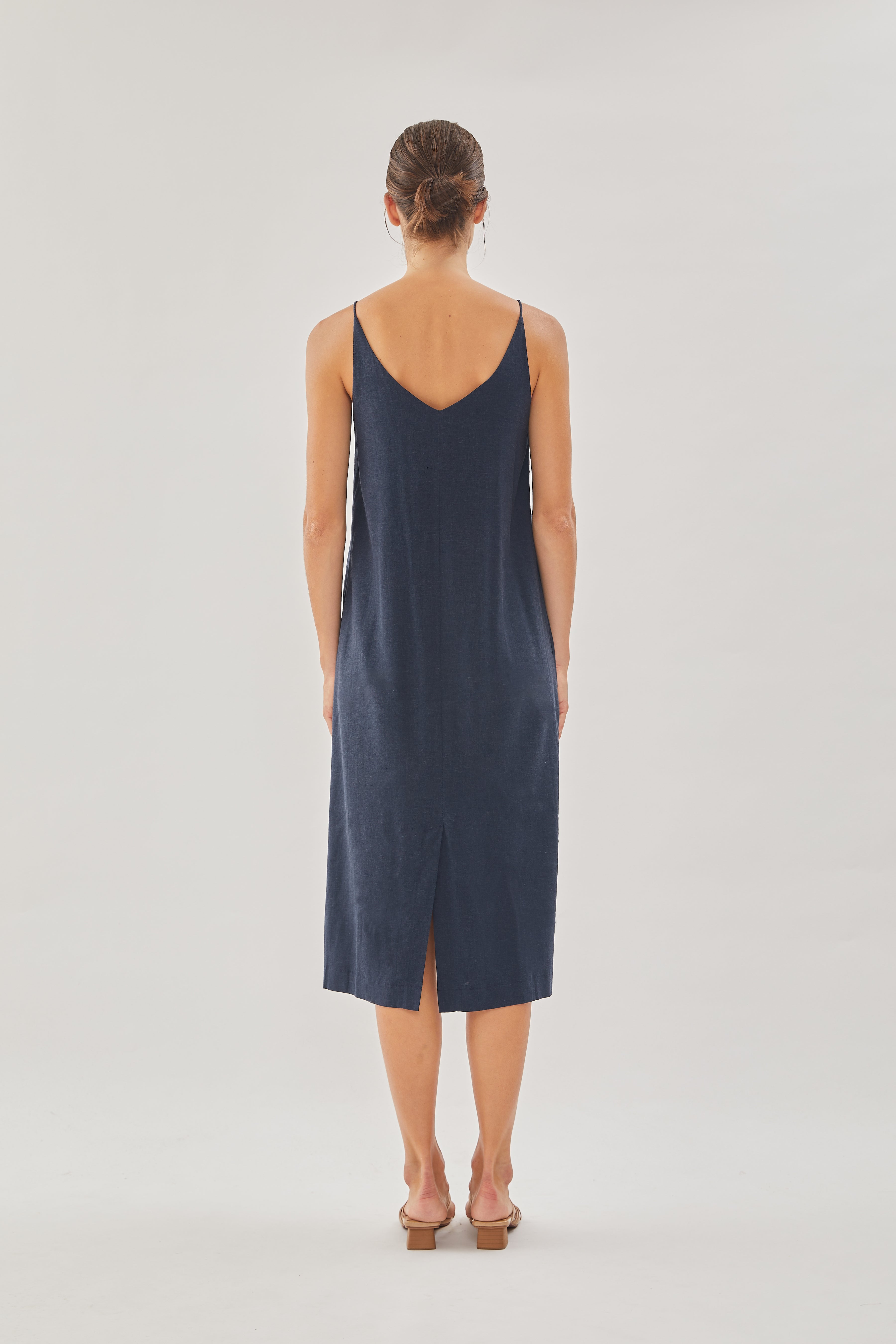 STUDIOS Linen Slip Dress in Dark Navy