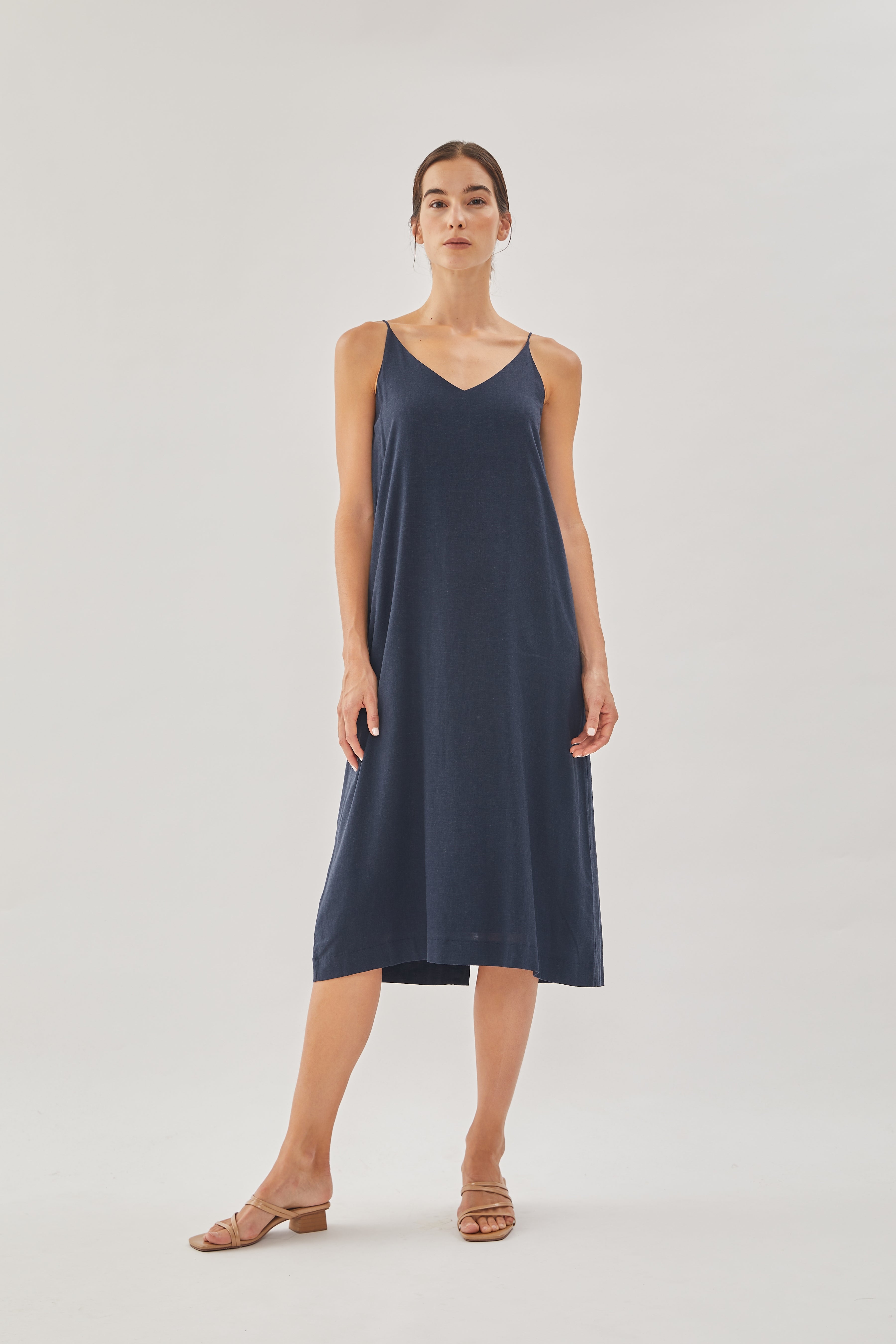 STUDIOS Linen Slip Dress in Dark Navy