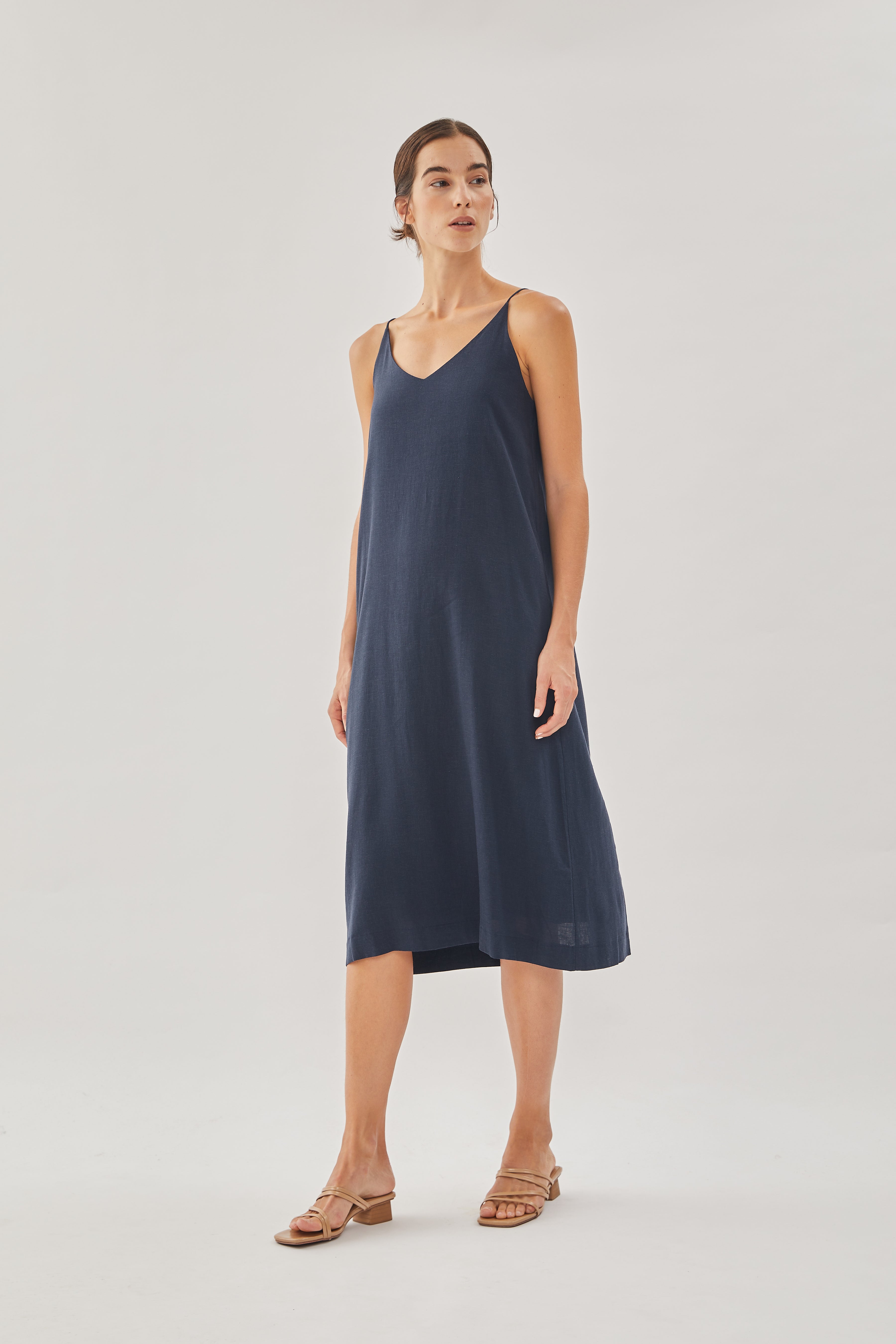 STUDIOS Linen Slip Dress in Dark Navy