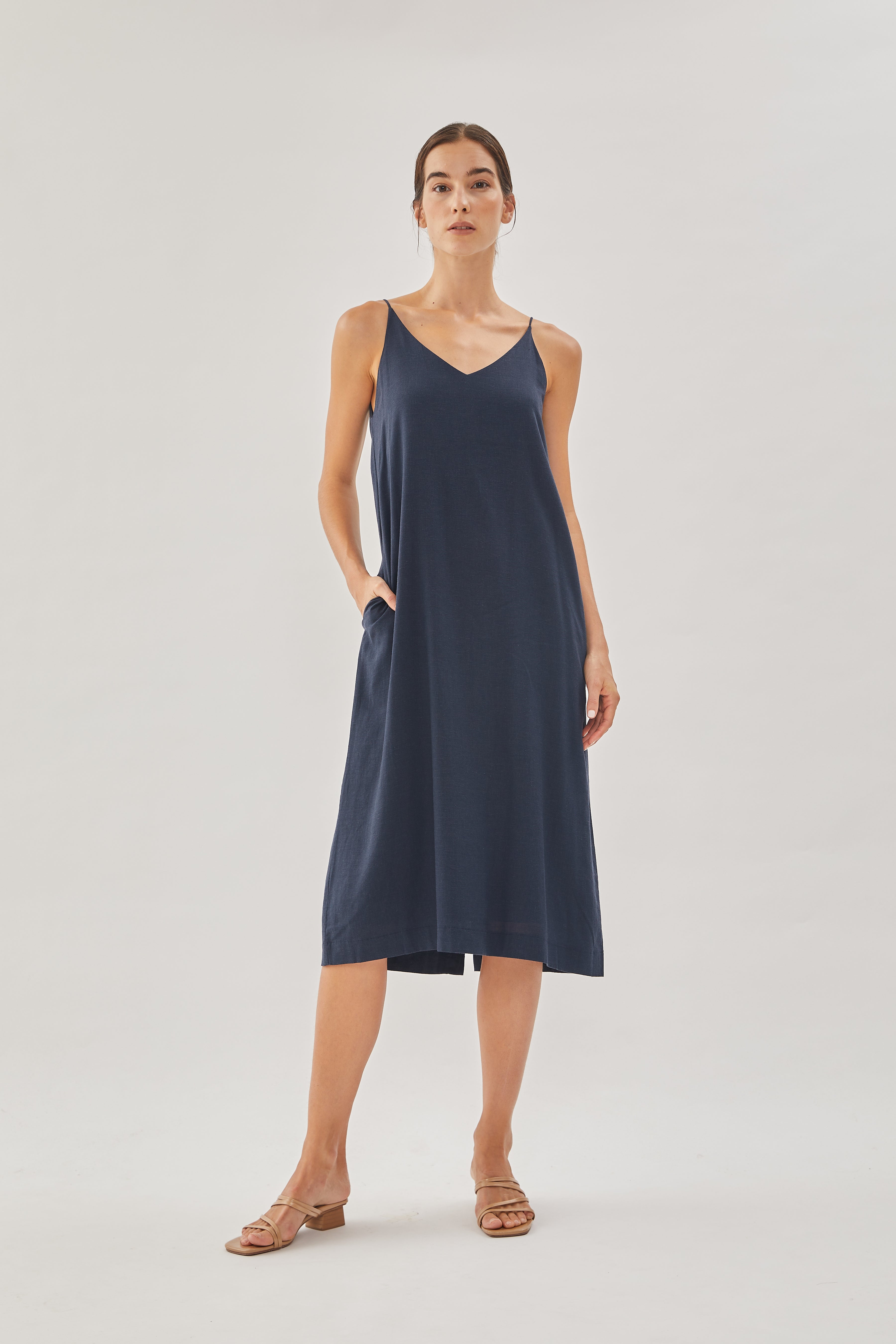 STUDIOS Linen Slip Dress in Dark Navy