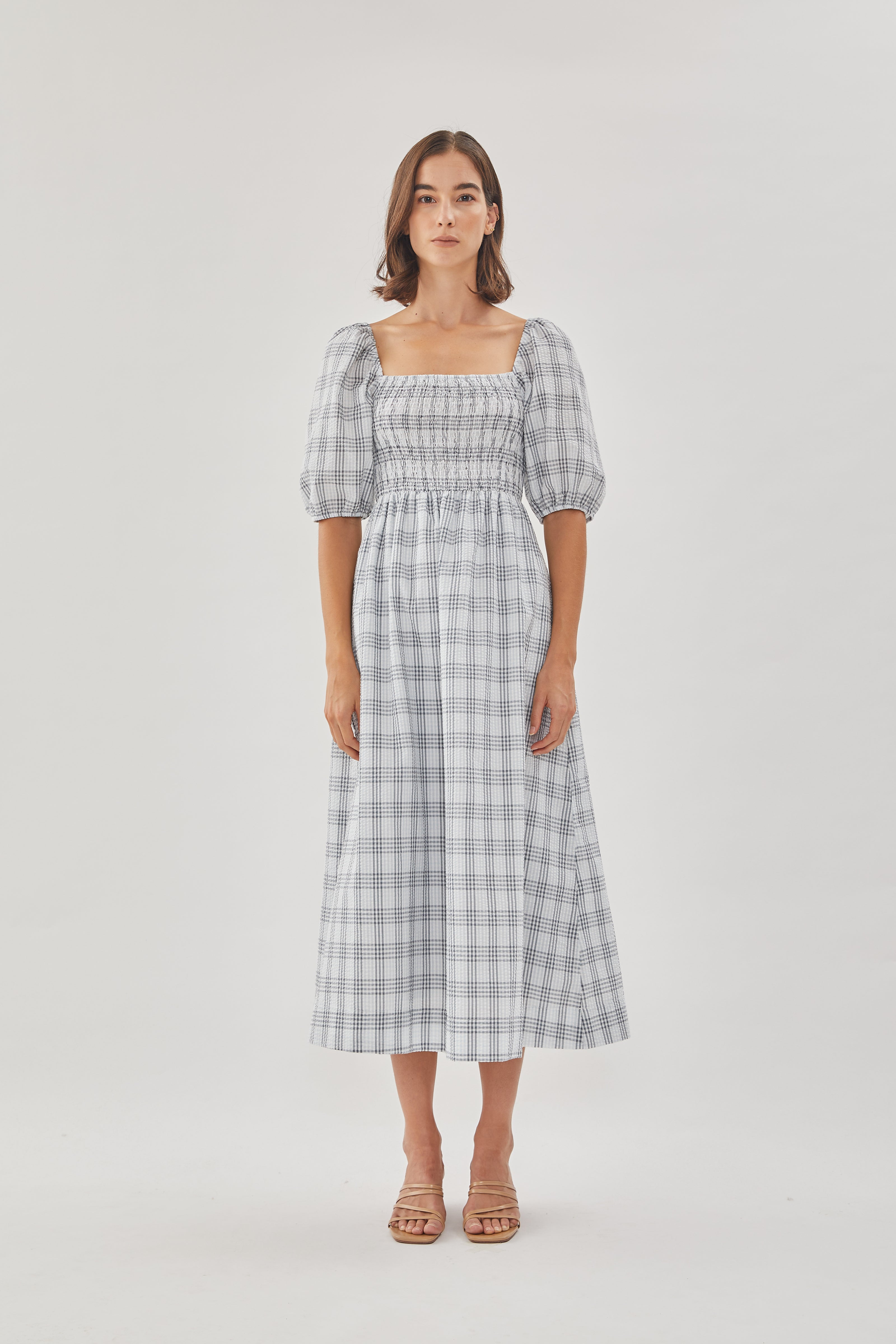 Seersucker Shirred Midi Dress in Mist