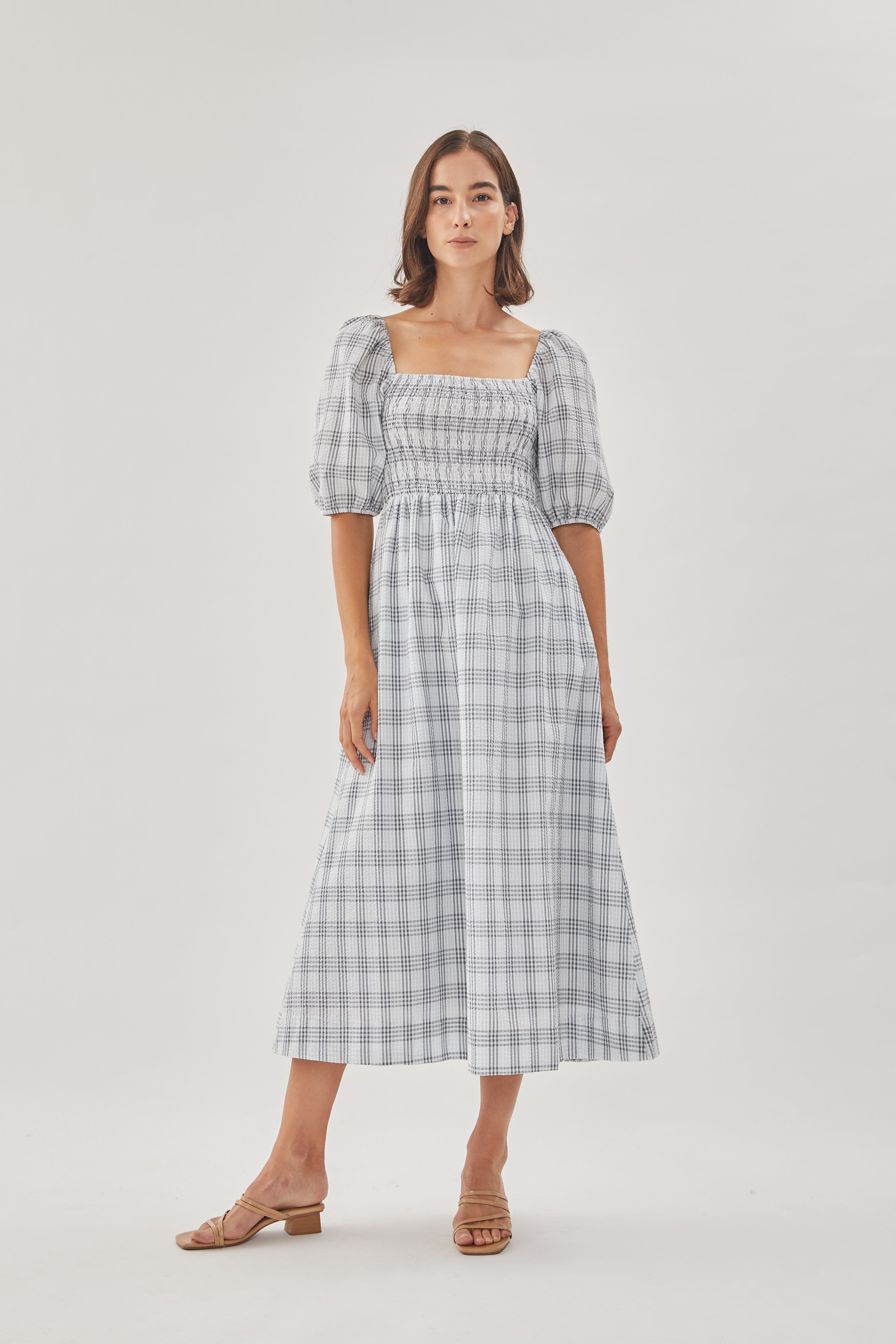 Seersucker Shirred Midi Dress in Mist