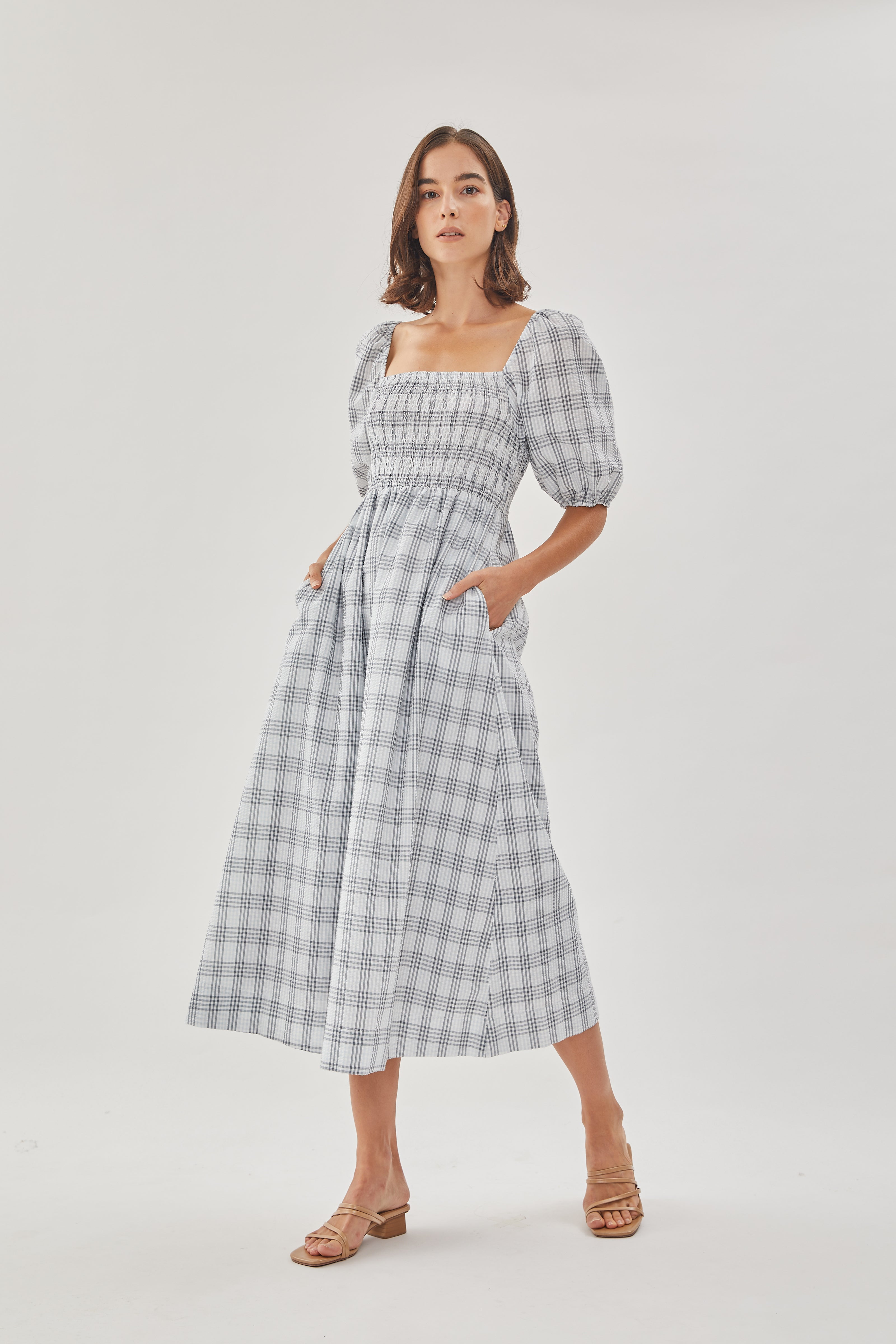 Seersucker Shirred Midi Dress in Mist