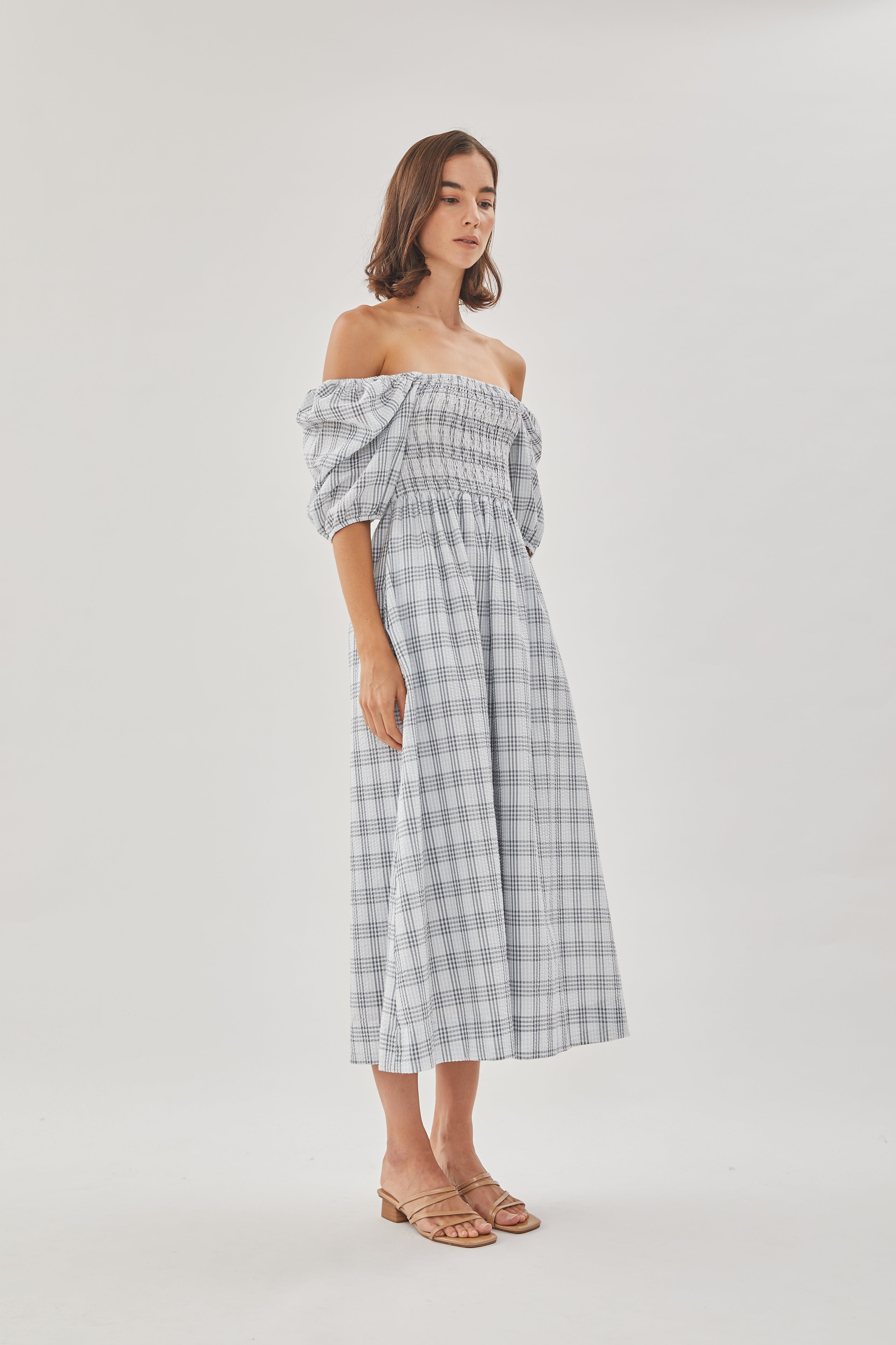 Seersucker Shirred Midi Dress in Mist