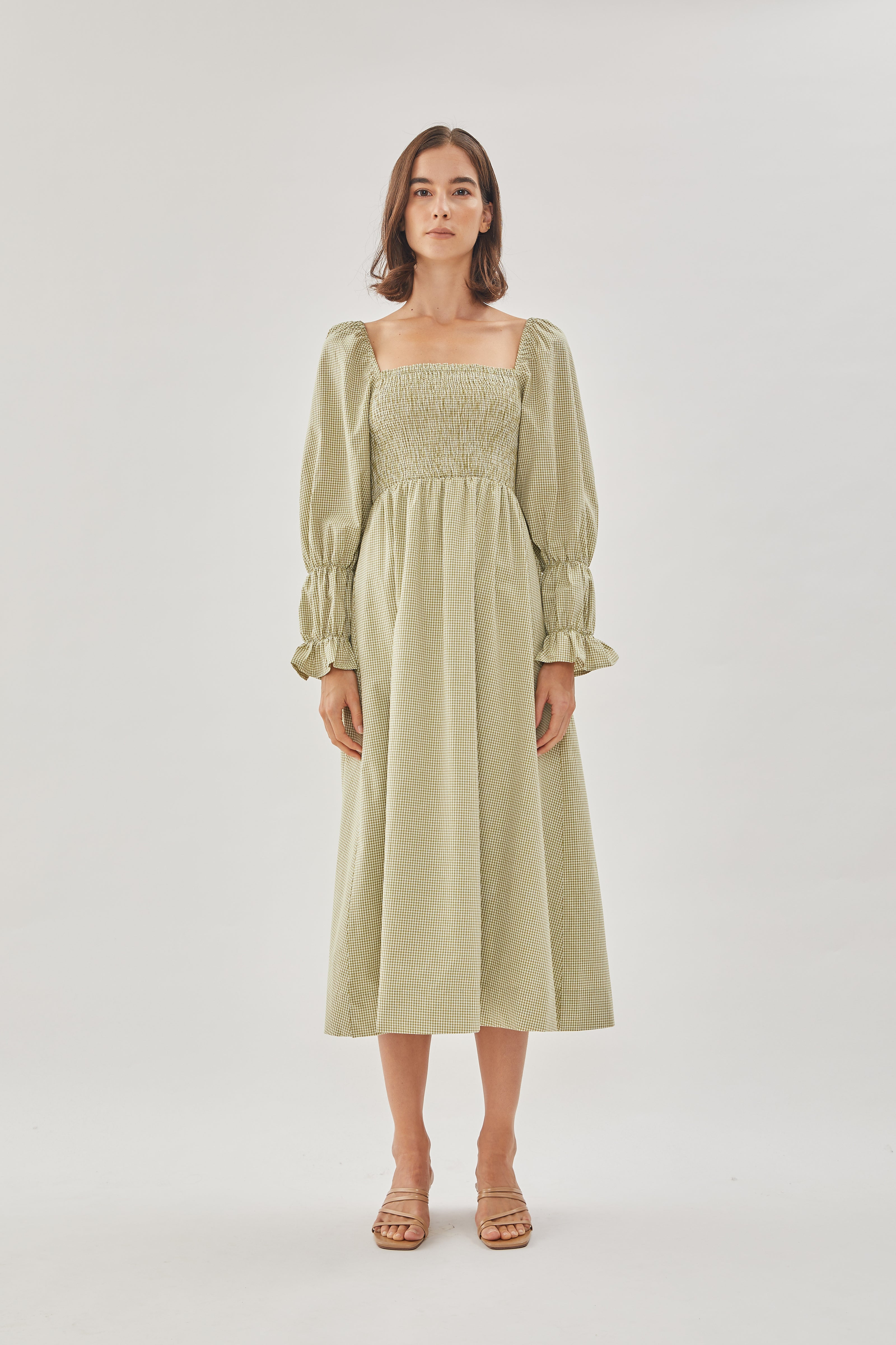 Cotton Shirred Dress in Checkered Olive