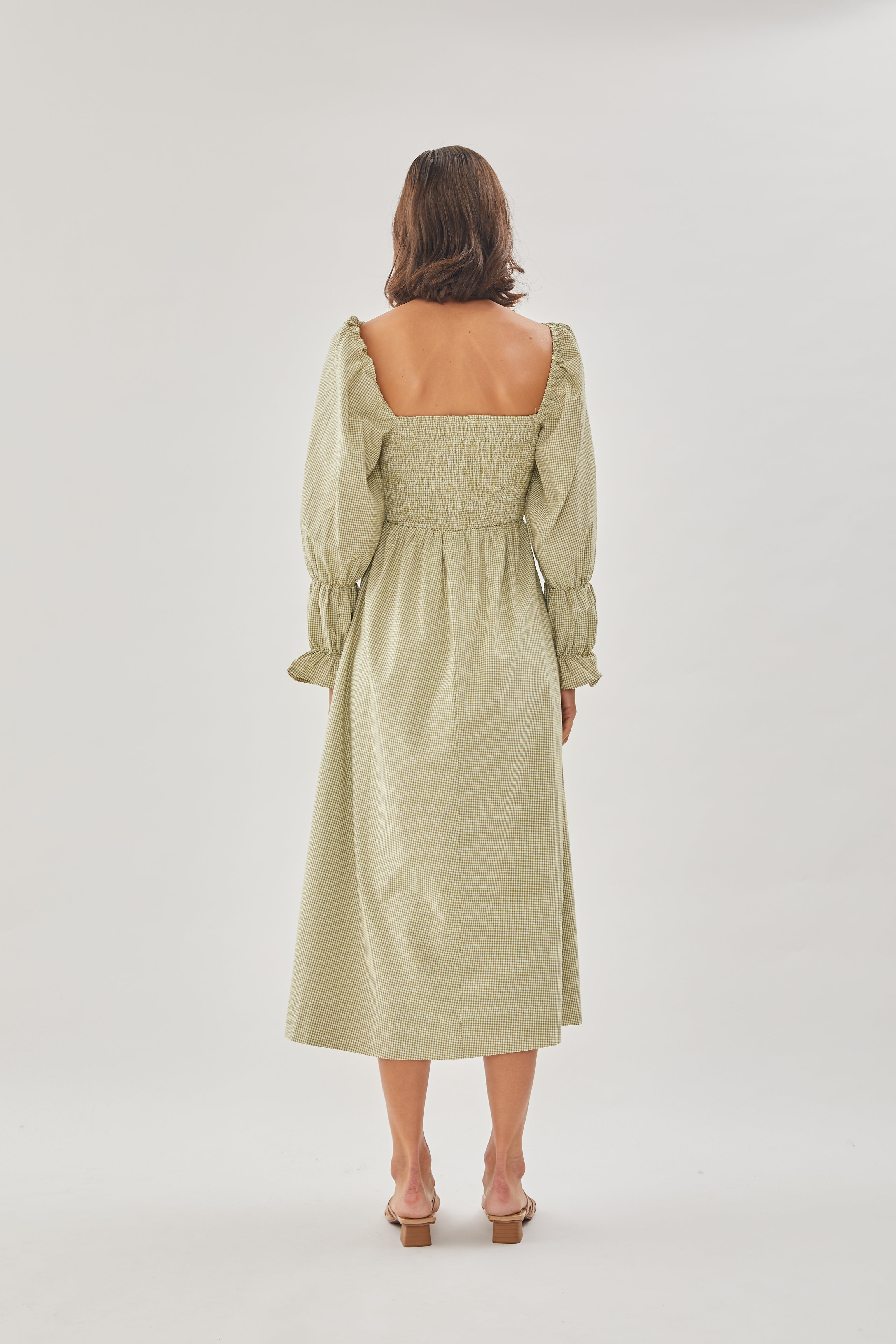 Cotton Shirred Dress in Checkered Olive