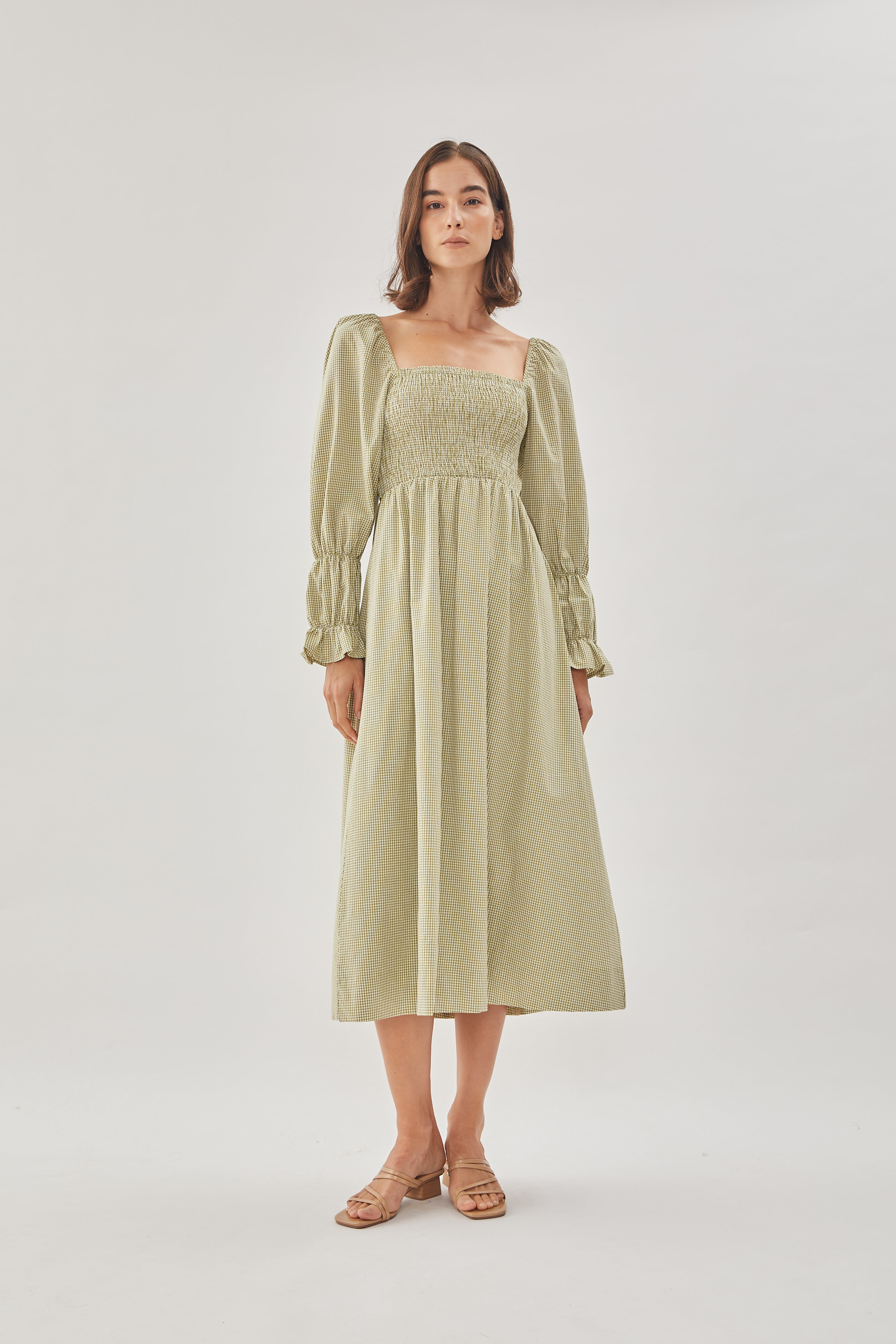 Cotton Shirred Dress in Checkered Olive