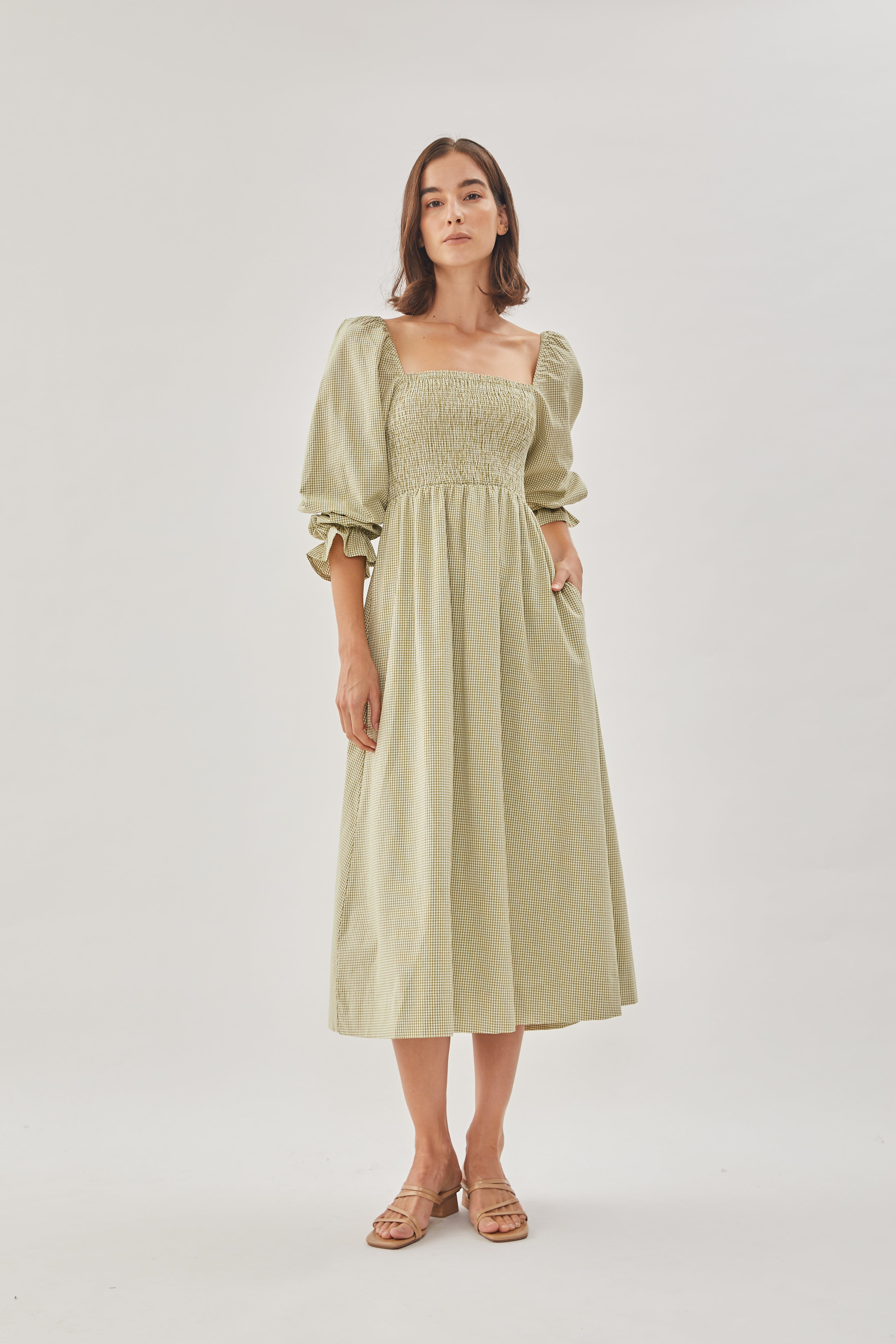 Cotton Shirred Dress in Checkered Olive