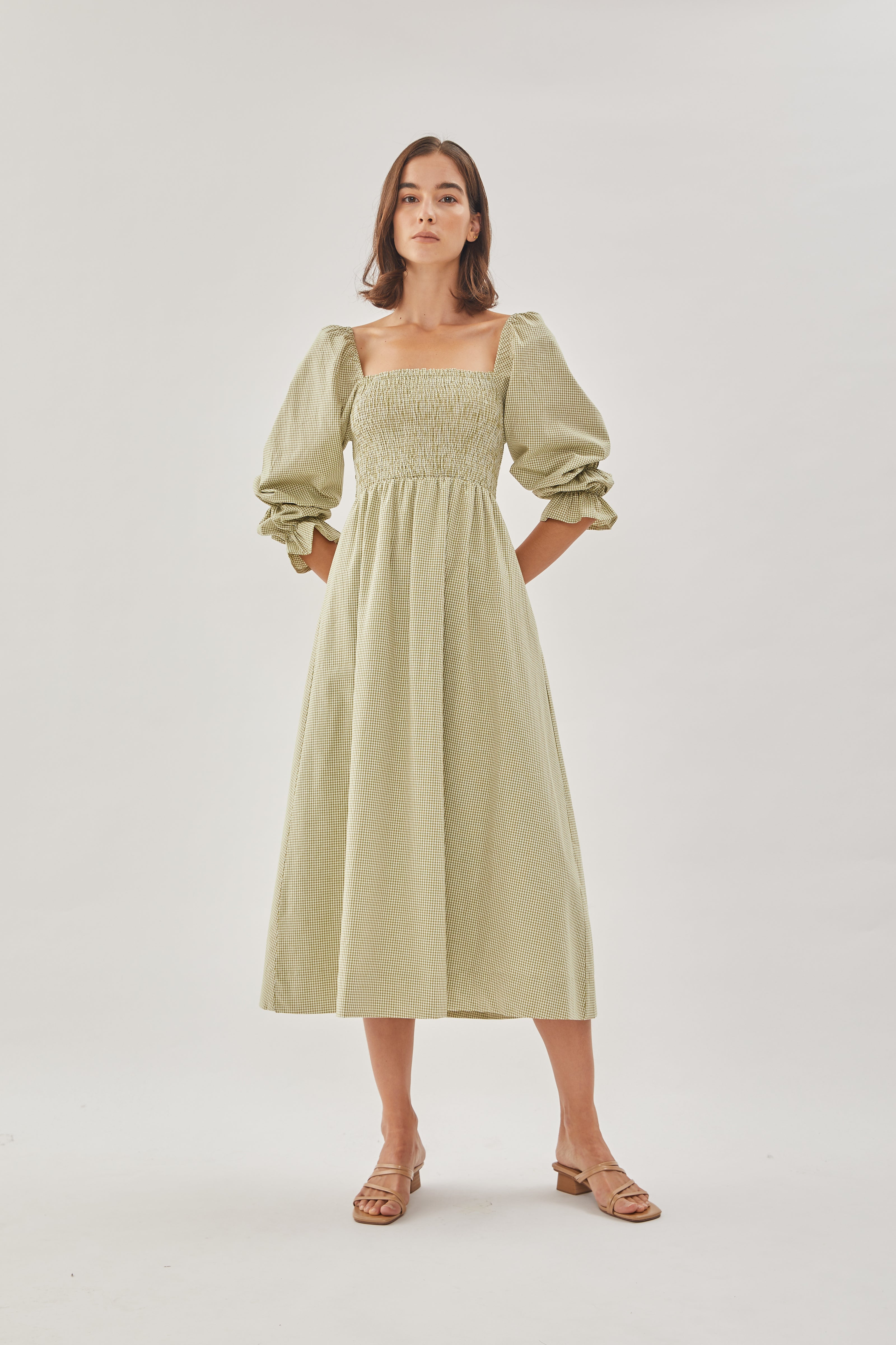 Cotton Shirred Dress in Checkered Olive