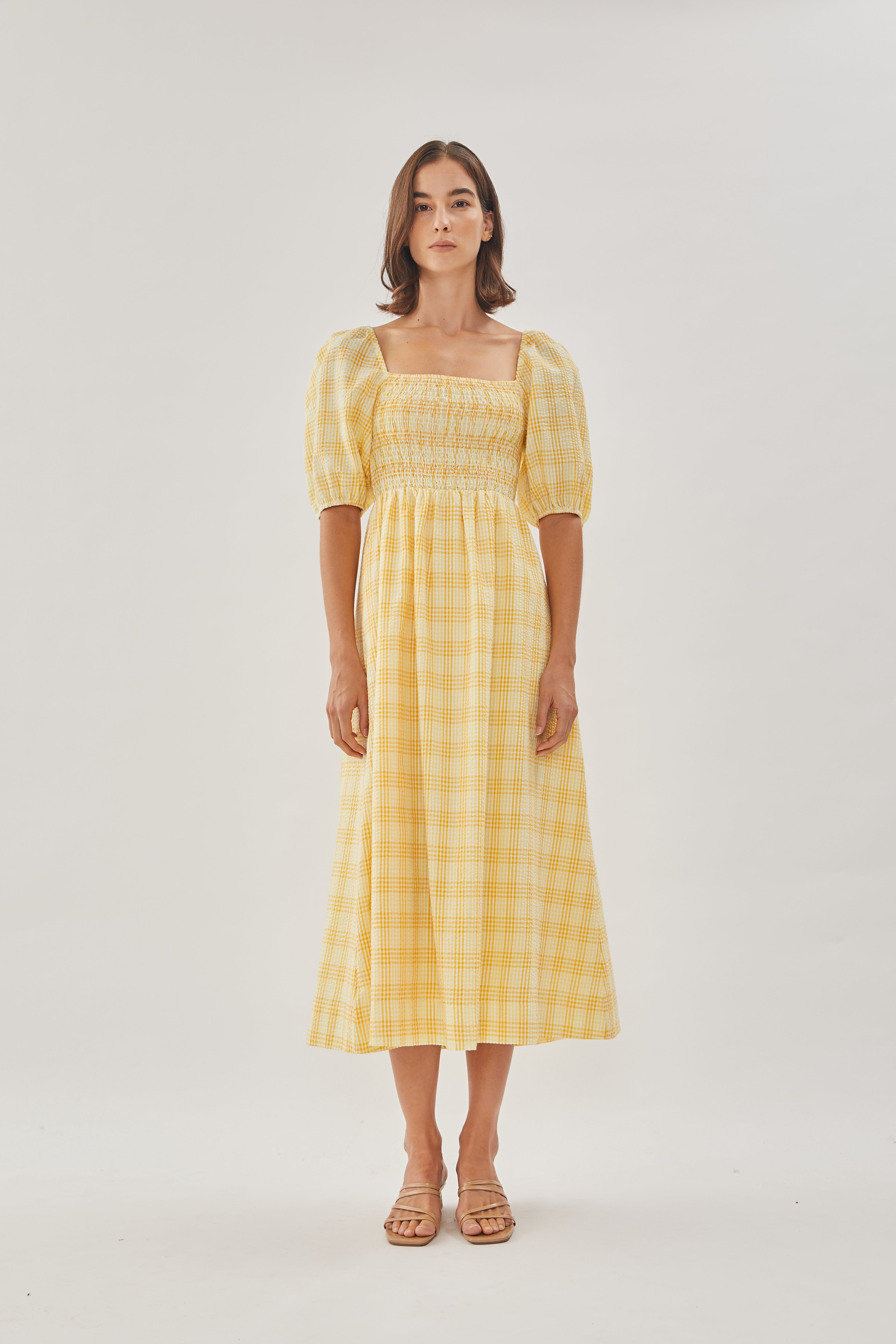 Seersucker Shirred Midi Dress in Sunrise