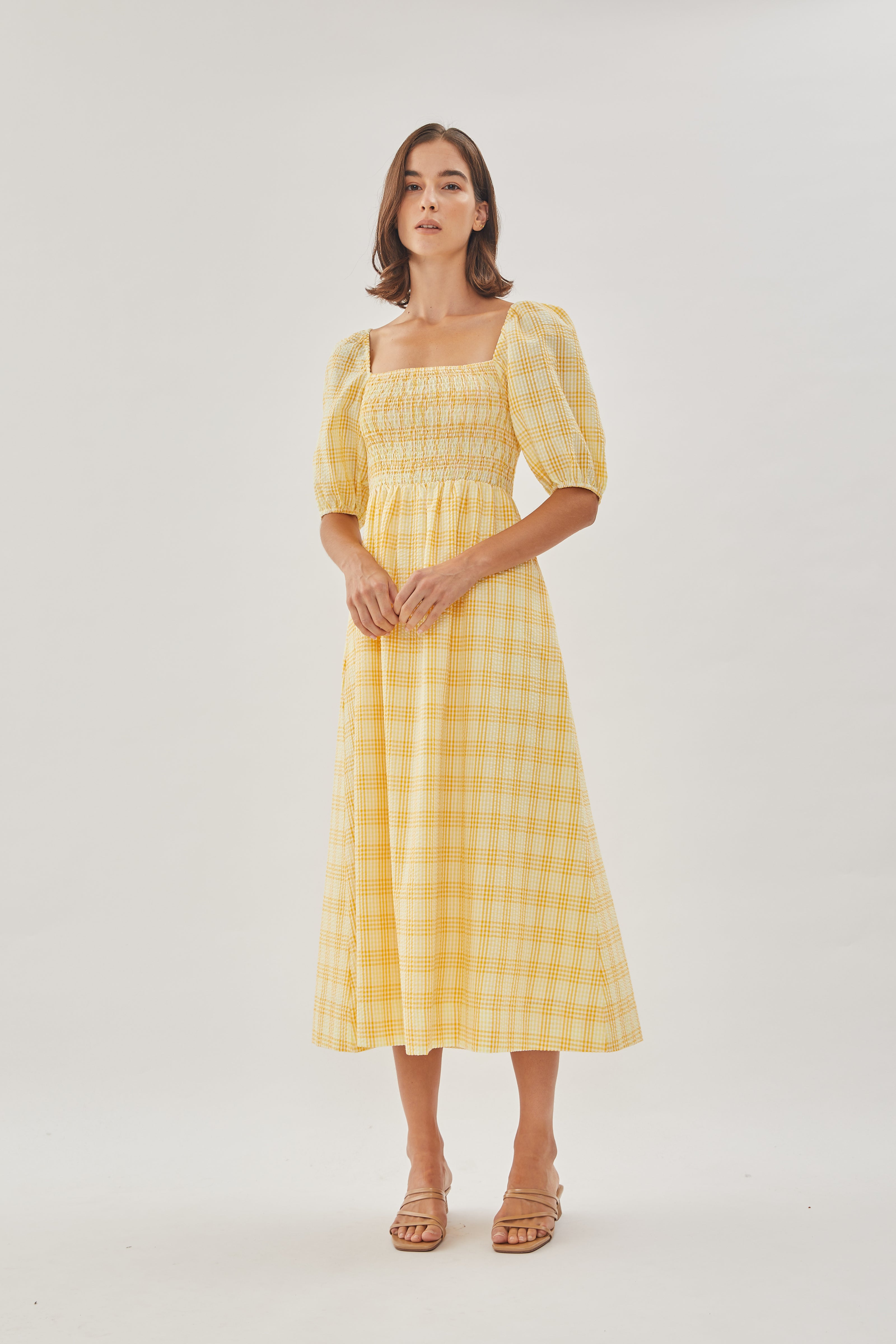 Seersucker Shirred Midi Dress in Sunrise