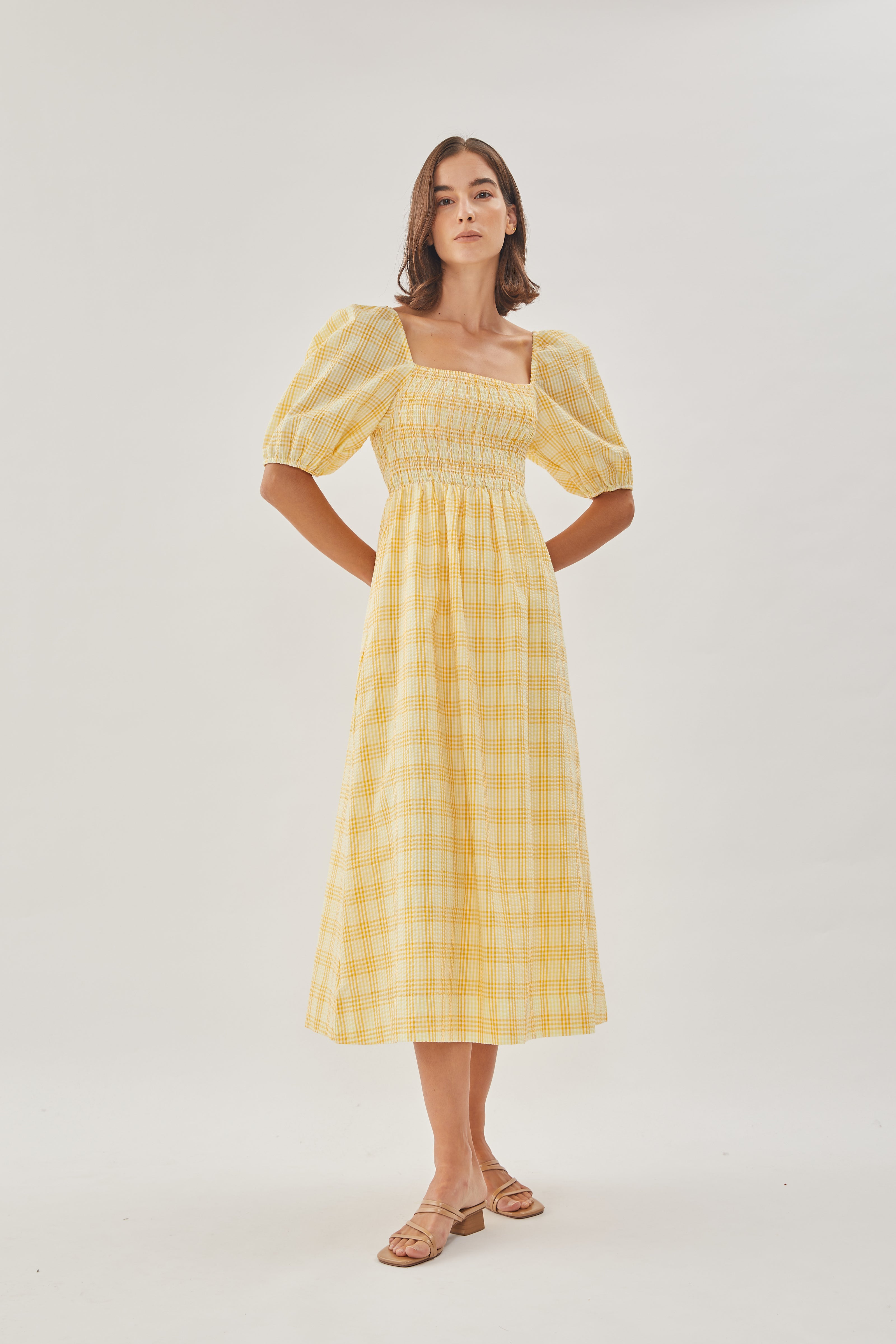 Seersucker Shirred Midi Dress in Sunrise