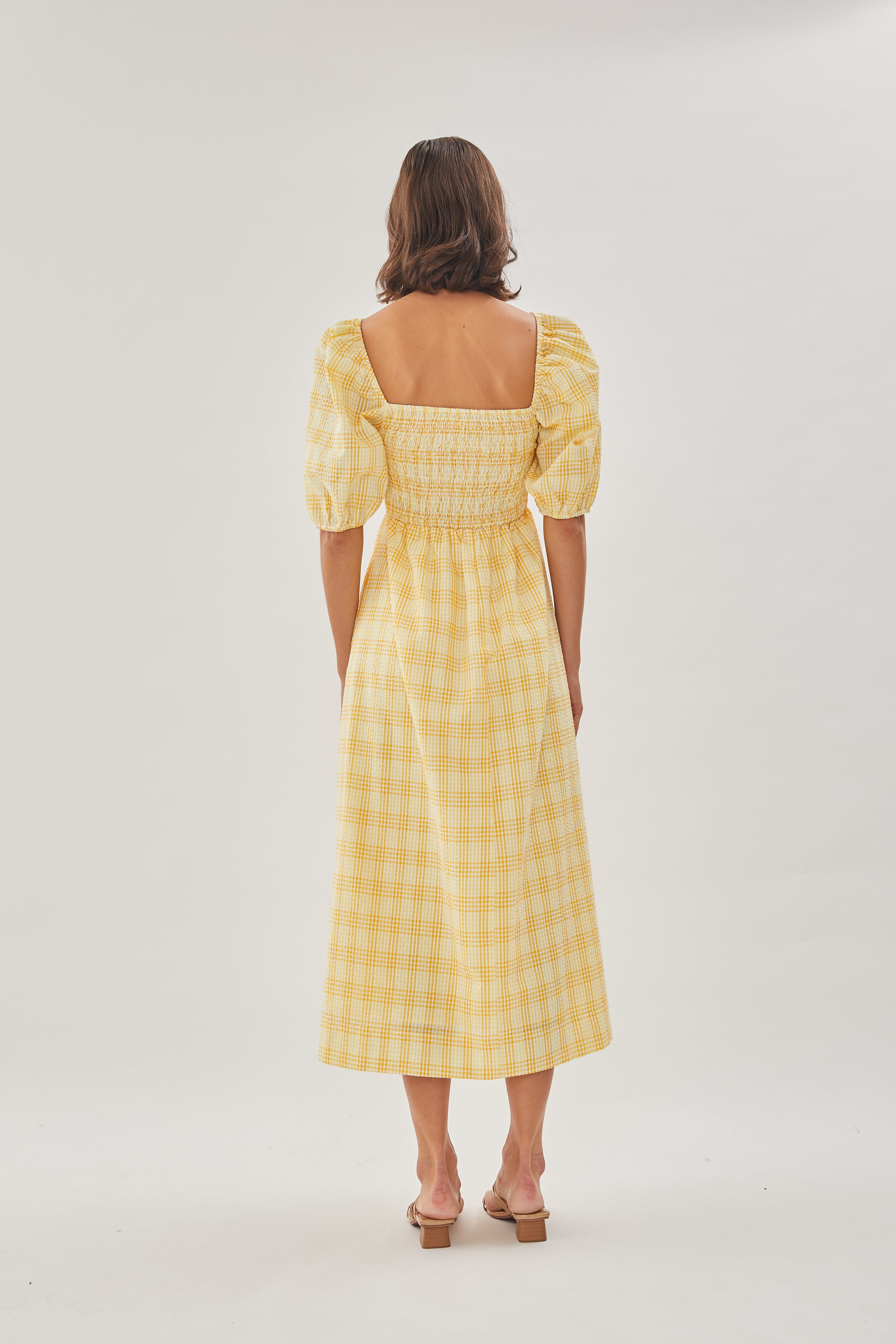 Seersucker Shirred Midi Dress in Sunrise