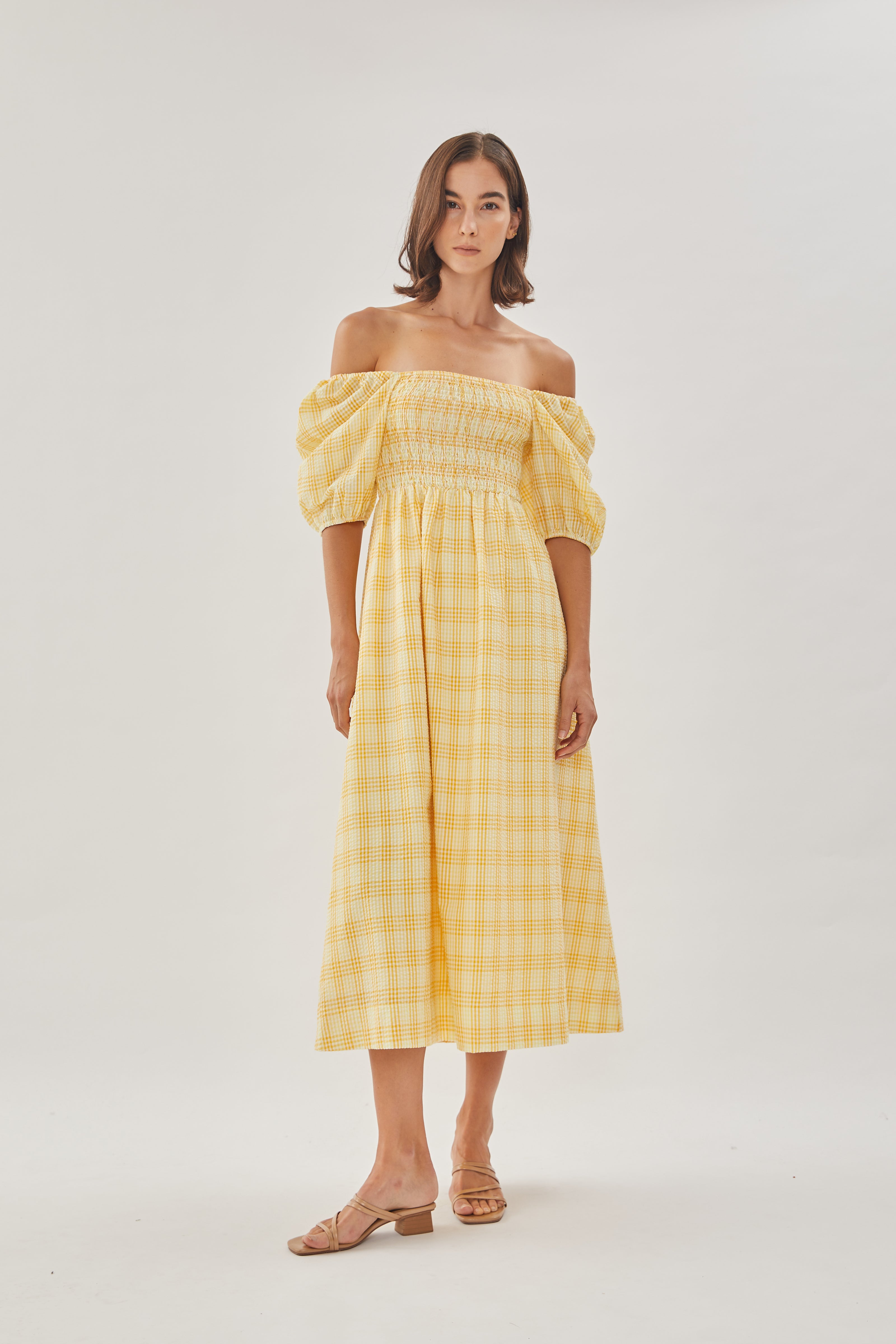 Seersucker Shirred Midi Dress in Sunrise