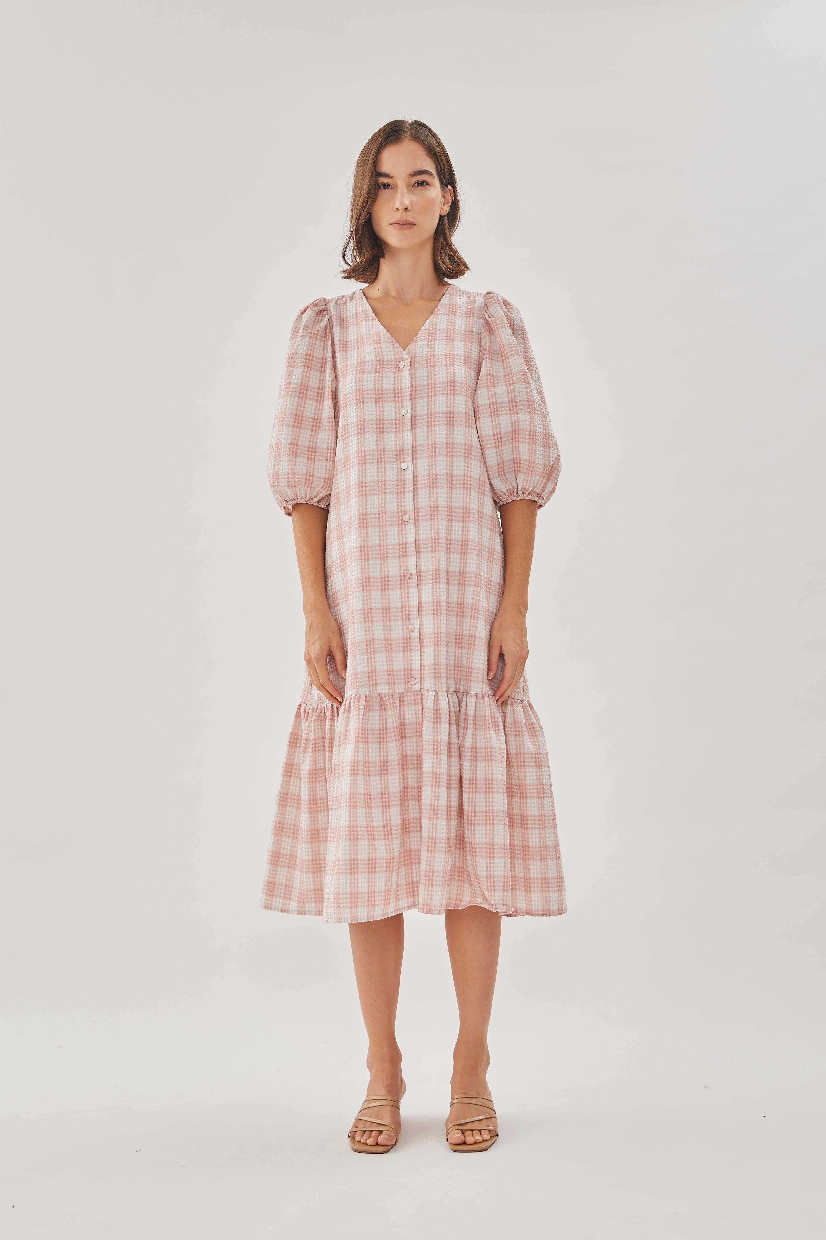 Seersucker Tiered Midi Dress in Shell Pink