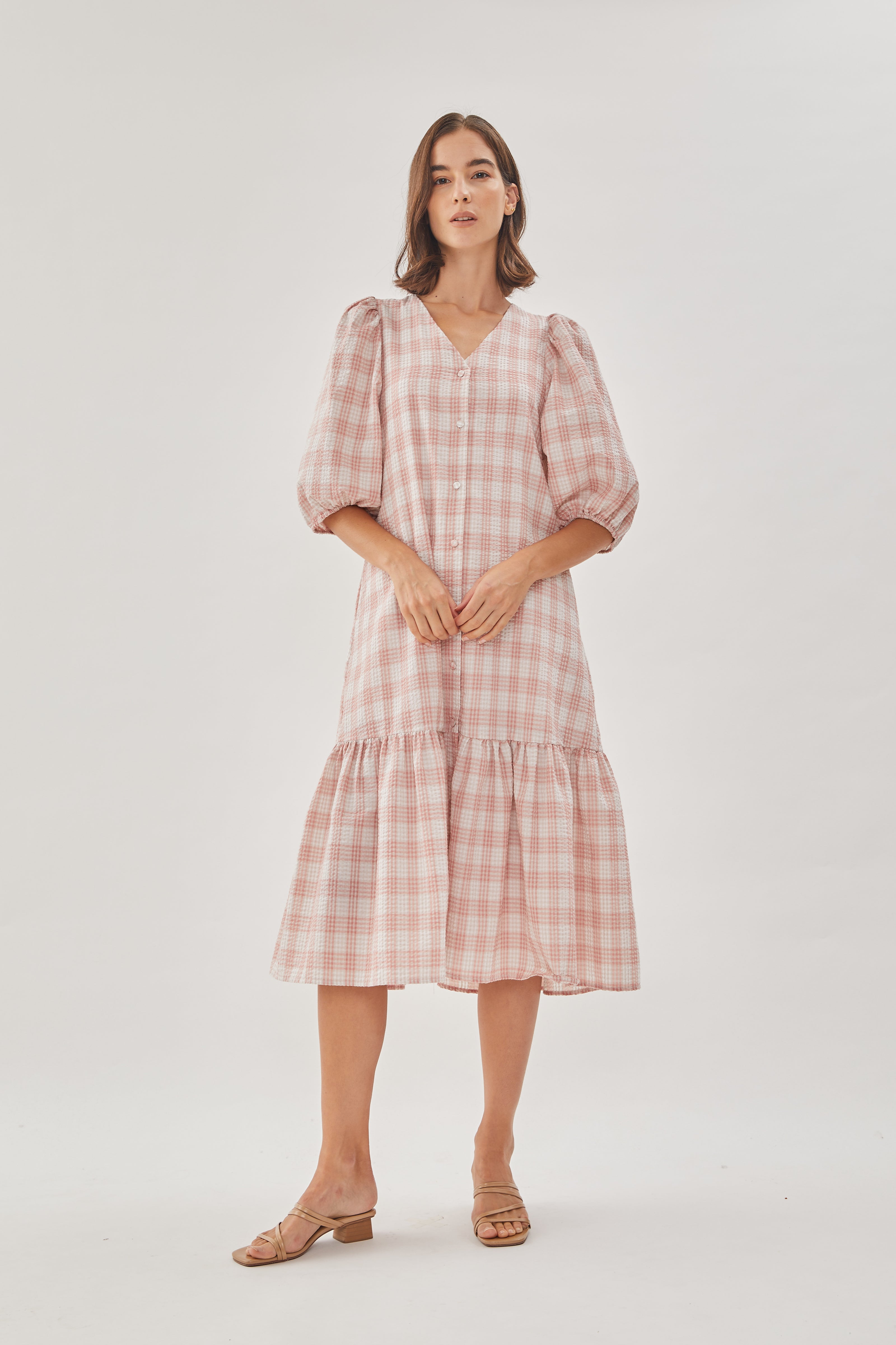 Seersucker Tiered Midi Dress in Shell Pink