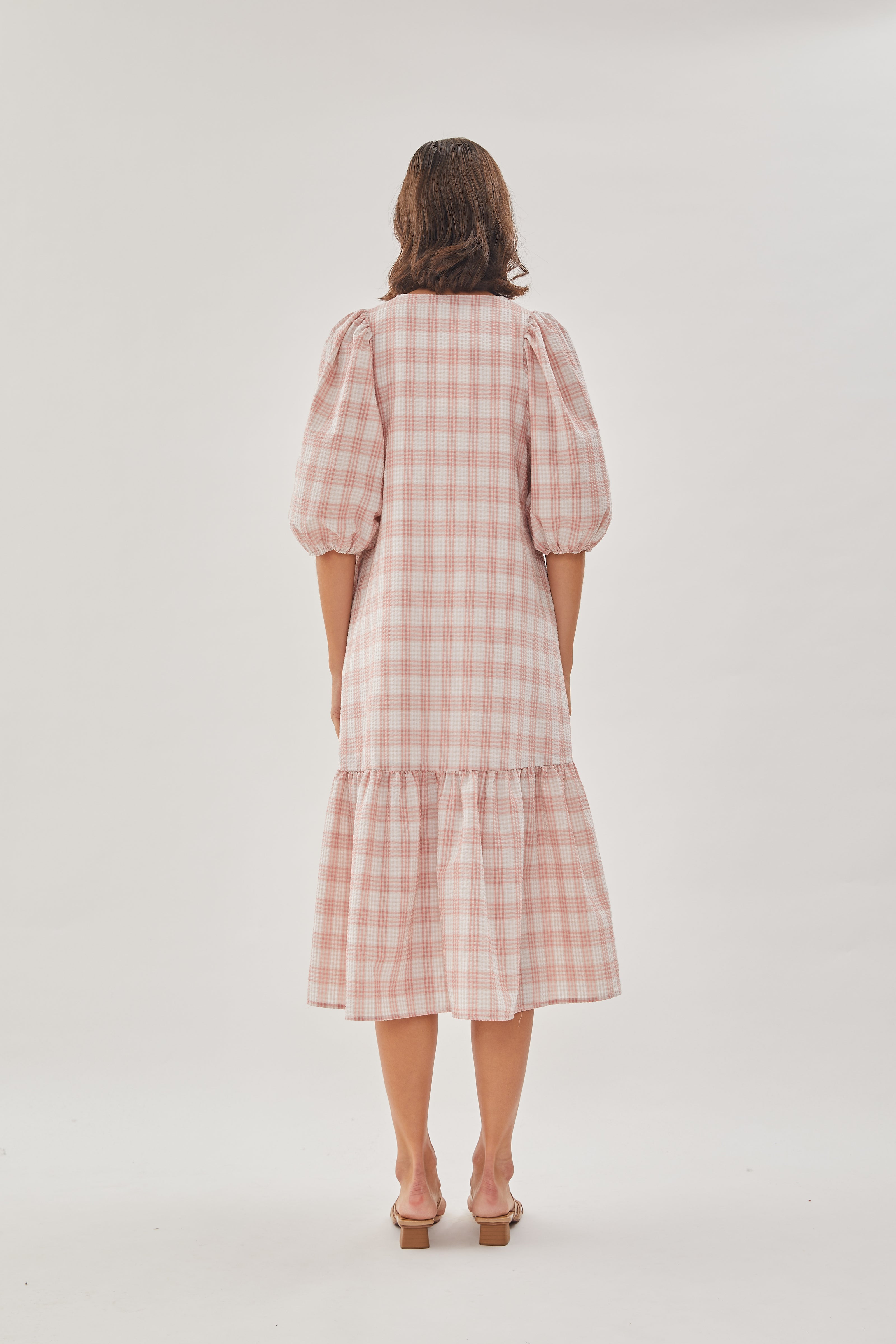 Seersucker Tiered Midi Dress in Shell Pink