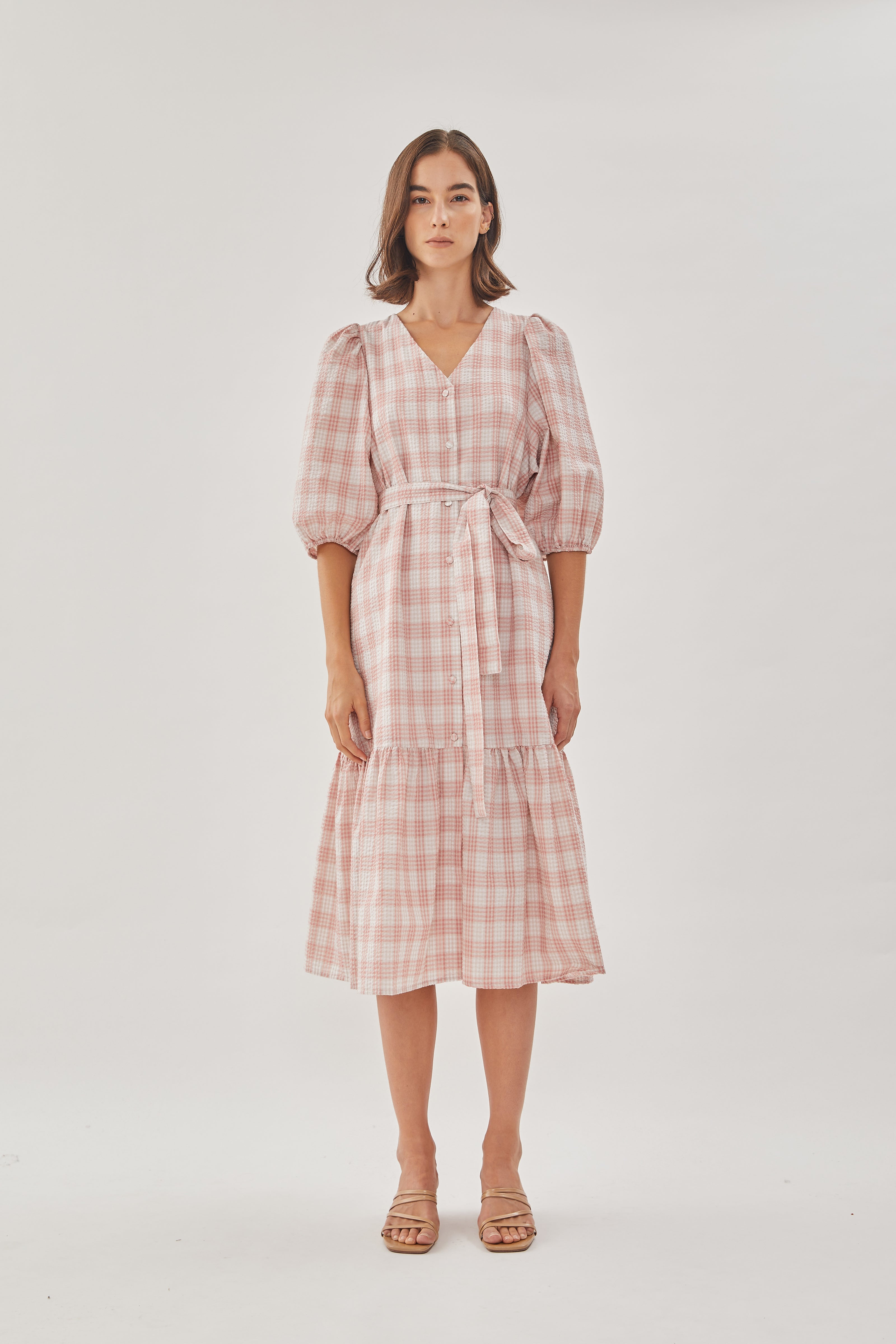 Seersucker Tiered Midi Dress in Shell Pink