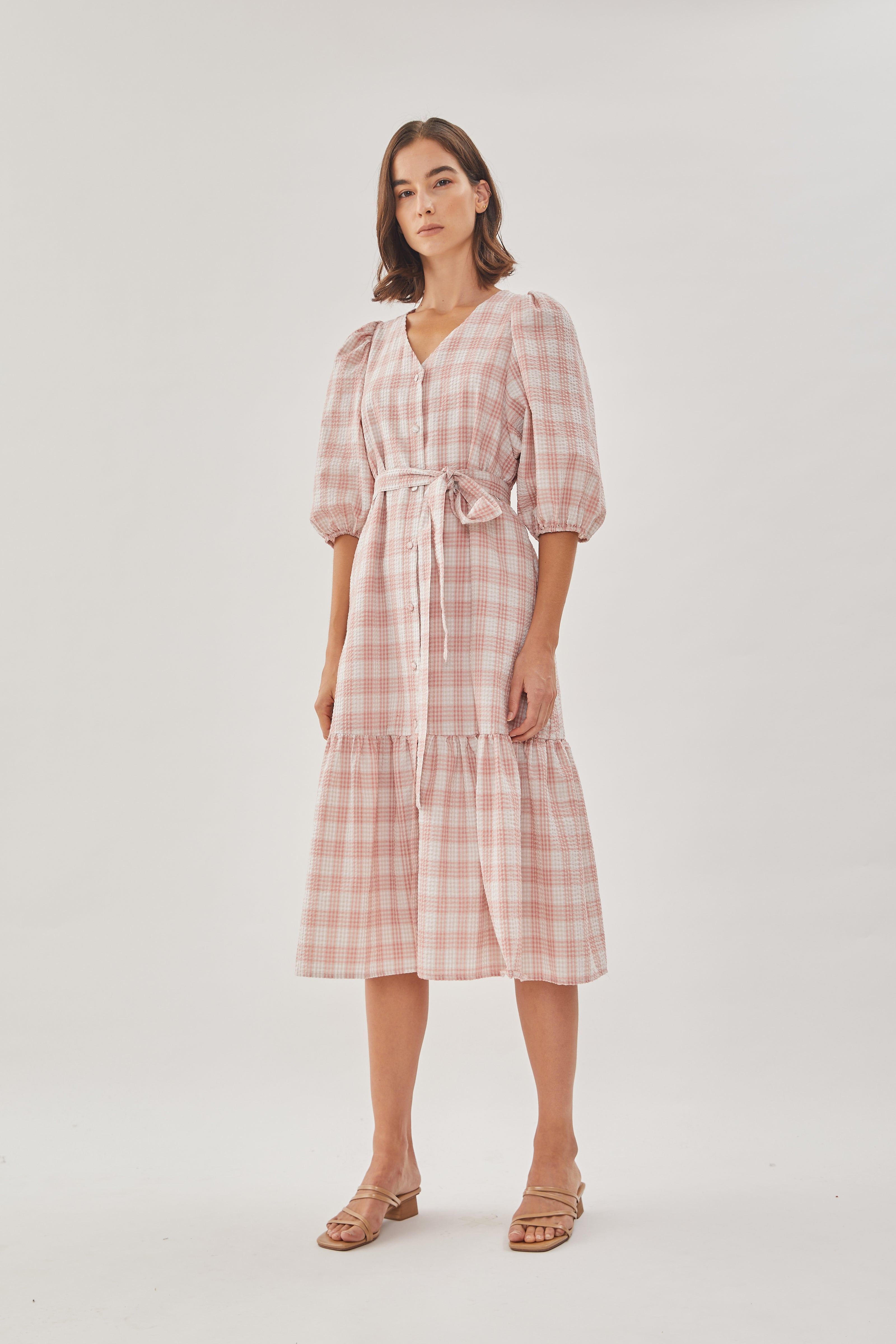 Seersucker Tiered Midi Dress in Shell Pink