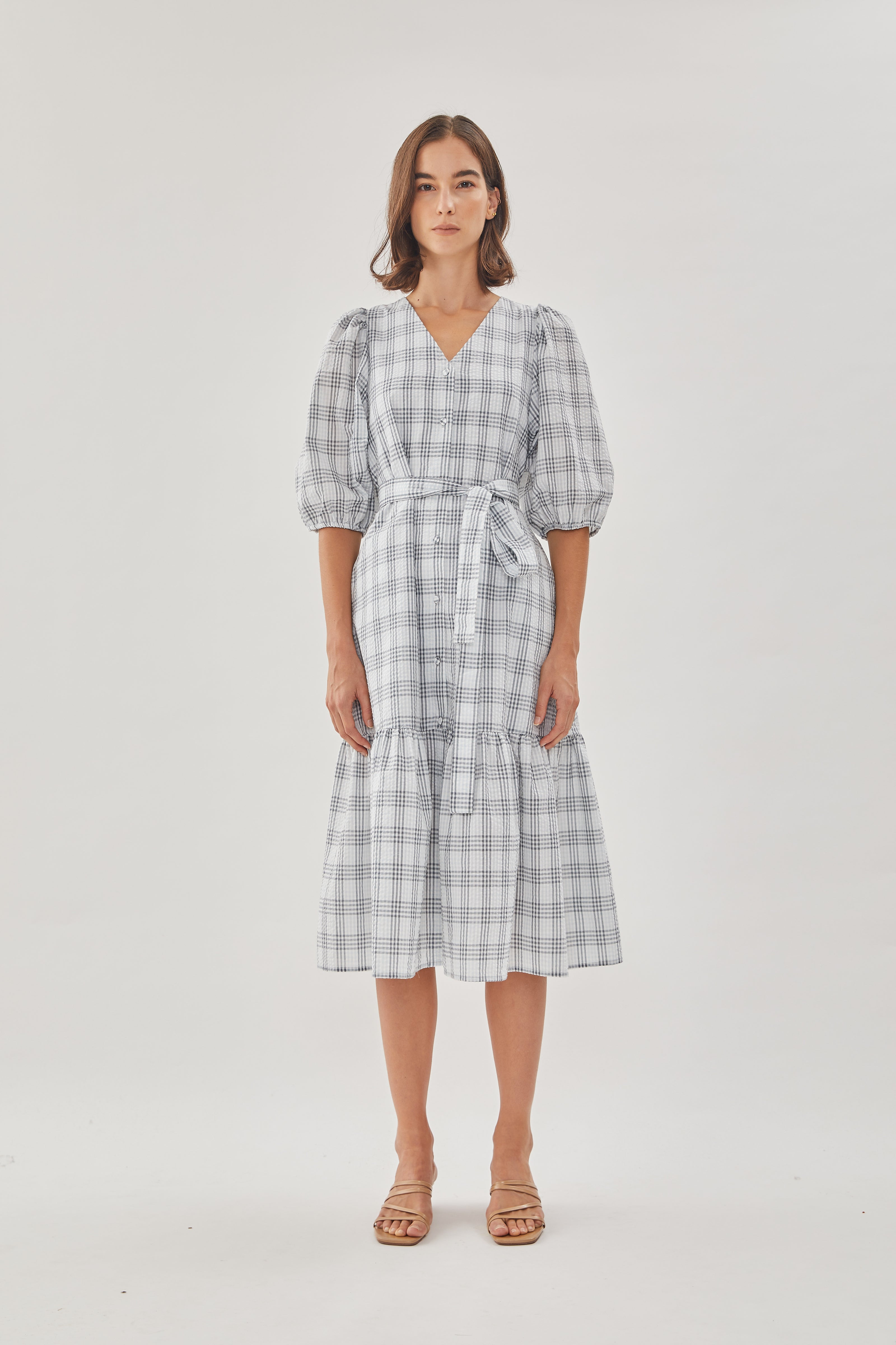 Seersucker Tiered Midi Dress in Mist