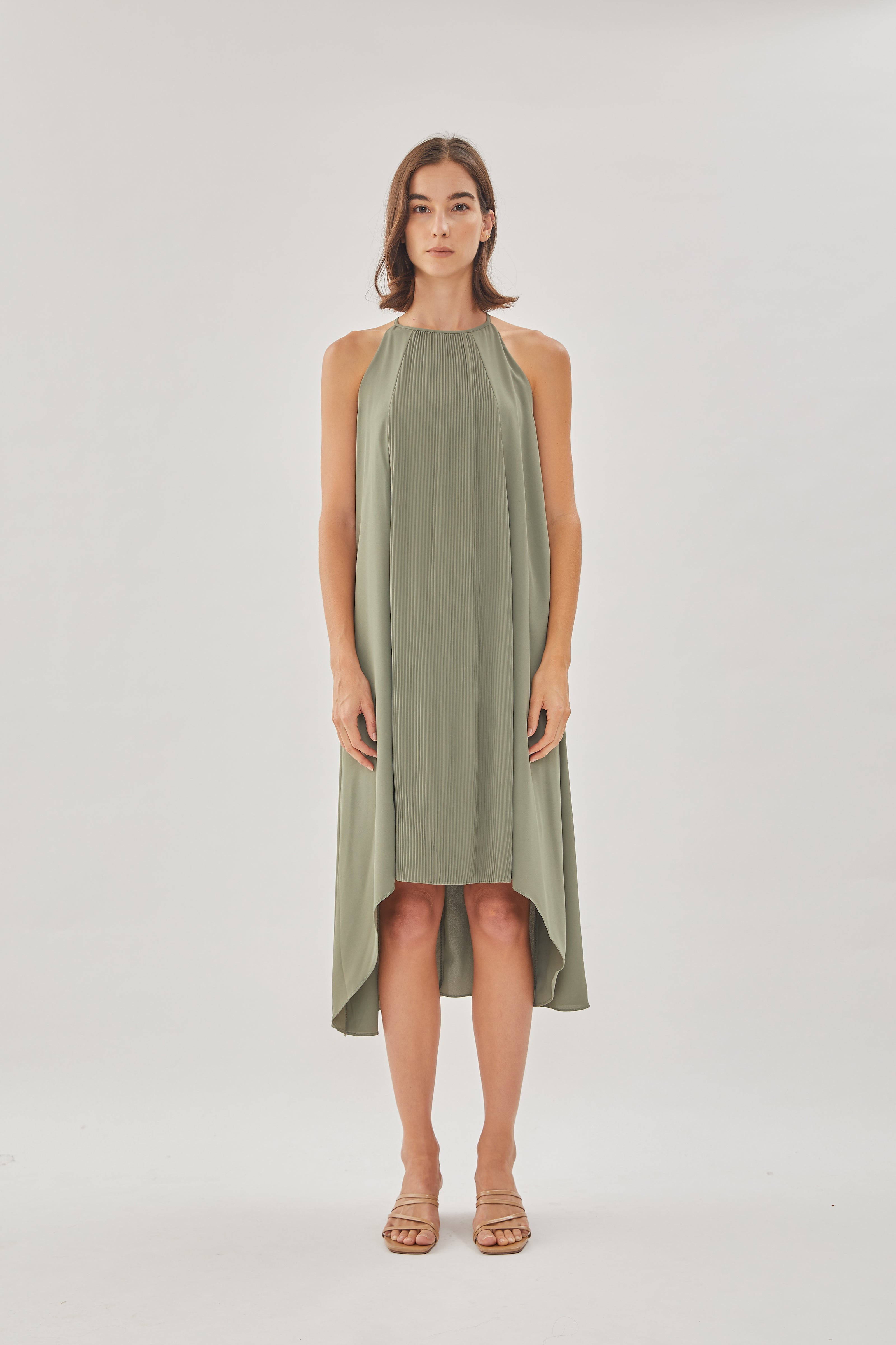 Pleated Halter Dress in Sage