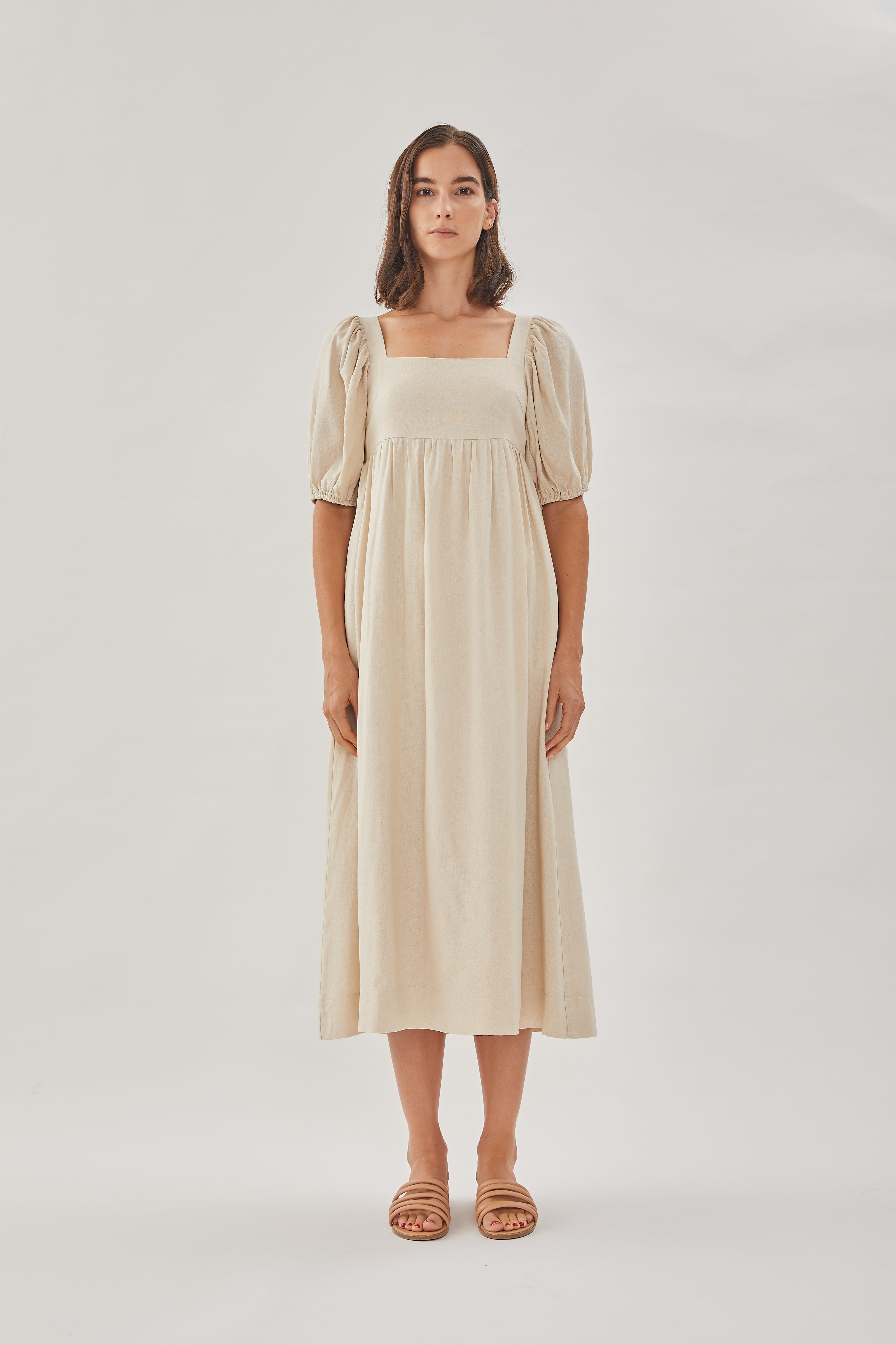 Midi Dress with Puffed Sleeves in Oatmeal