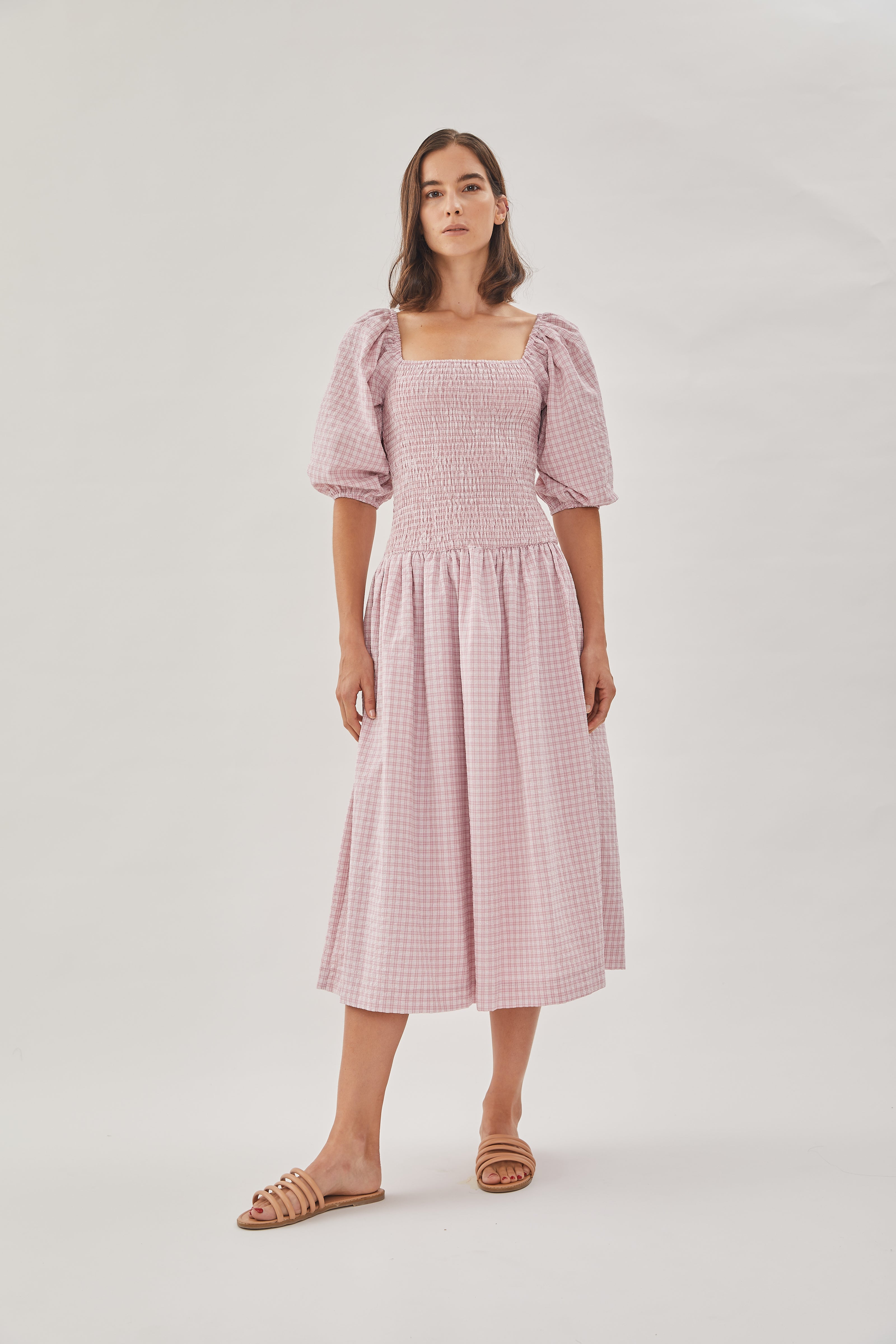 Drop Waist Shirring Dress in Gingham Pink