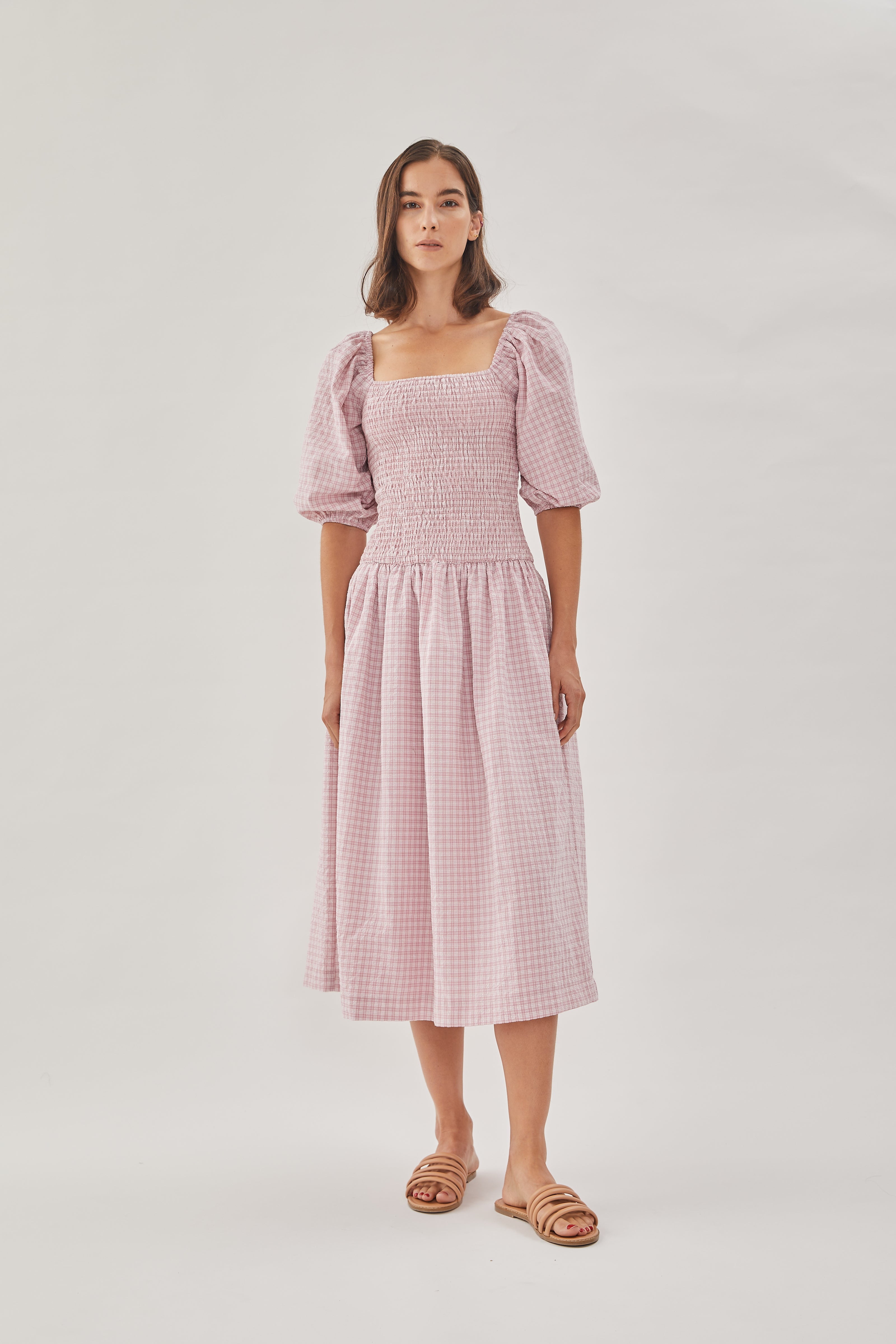 Drop Waist Shirring Dress in Gingham Pink