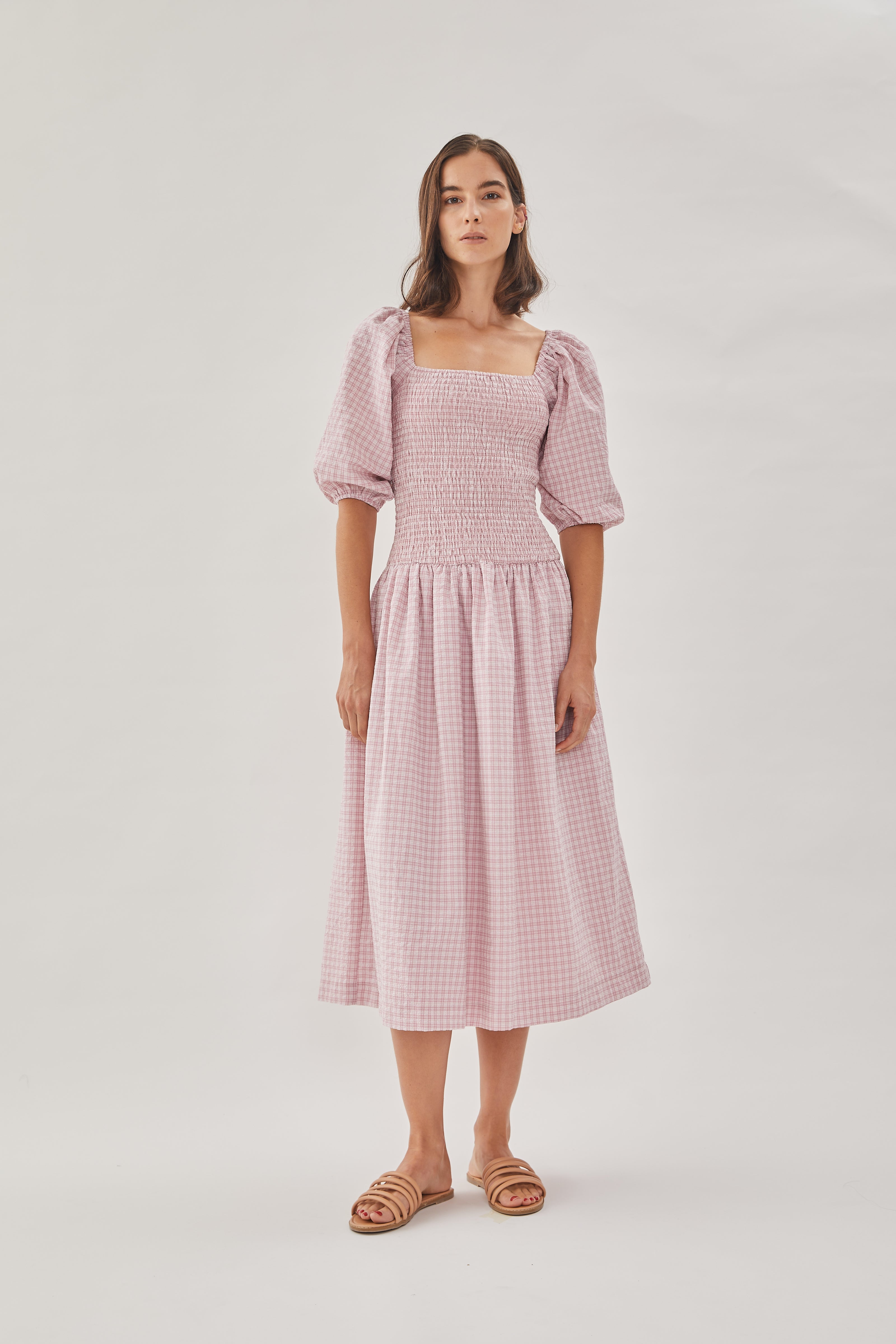 Drop Waist Shirring Dress in Gingham Pink