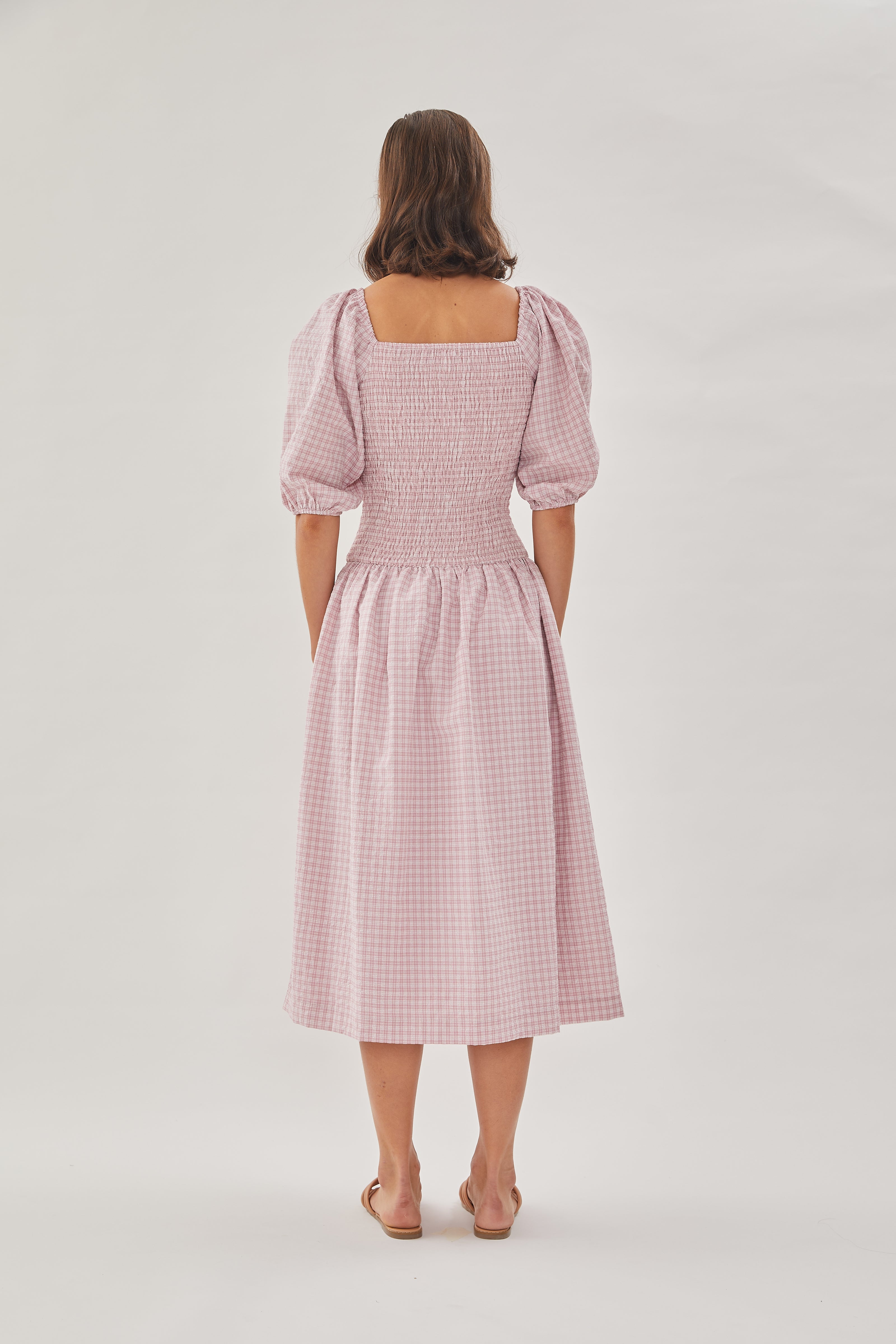 Drop Waist Shirring Dress in Gingham Pink