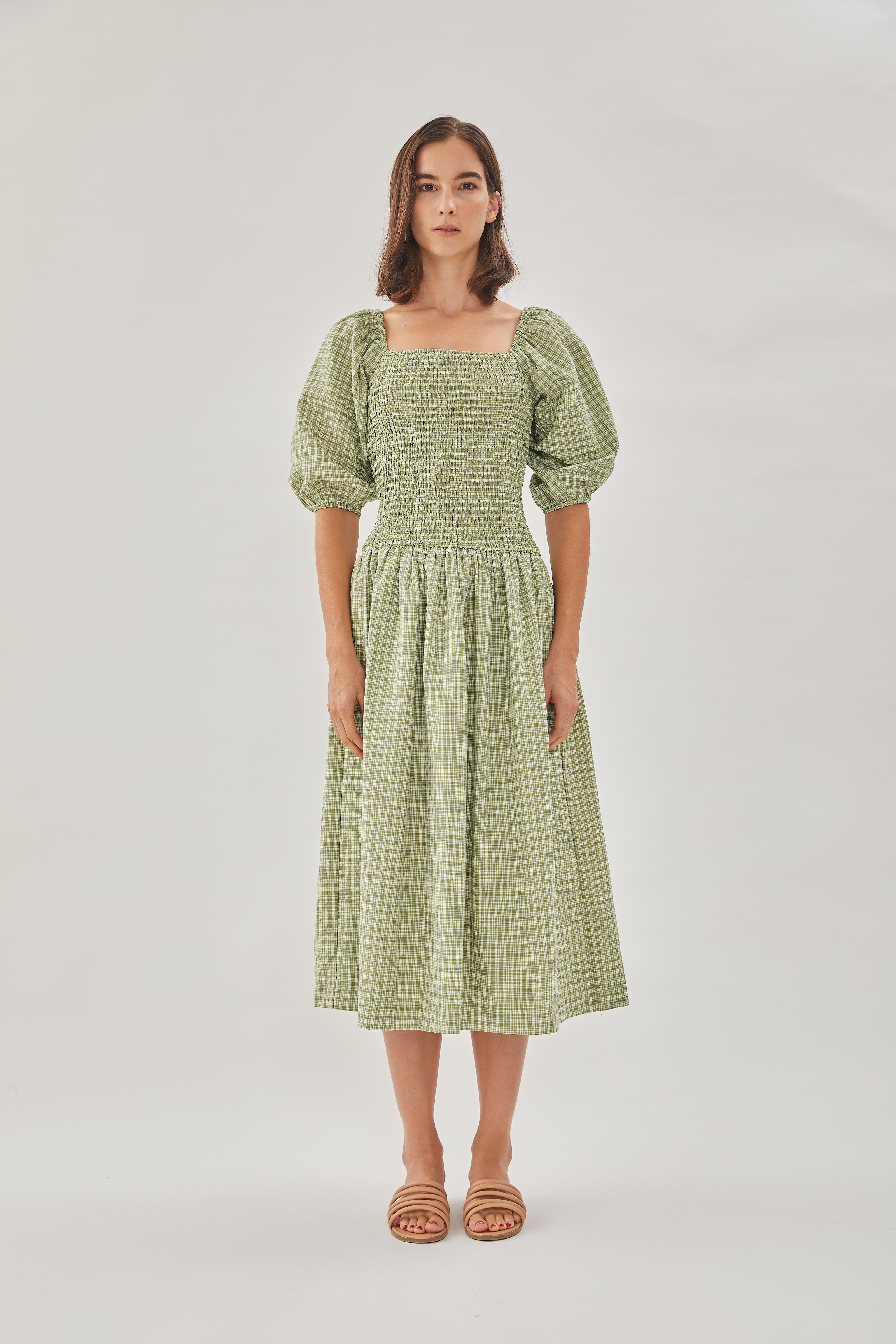 Drop Waist Shirring Dress in Gingham Fern