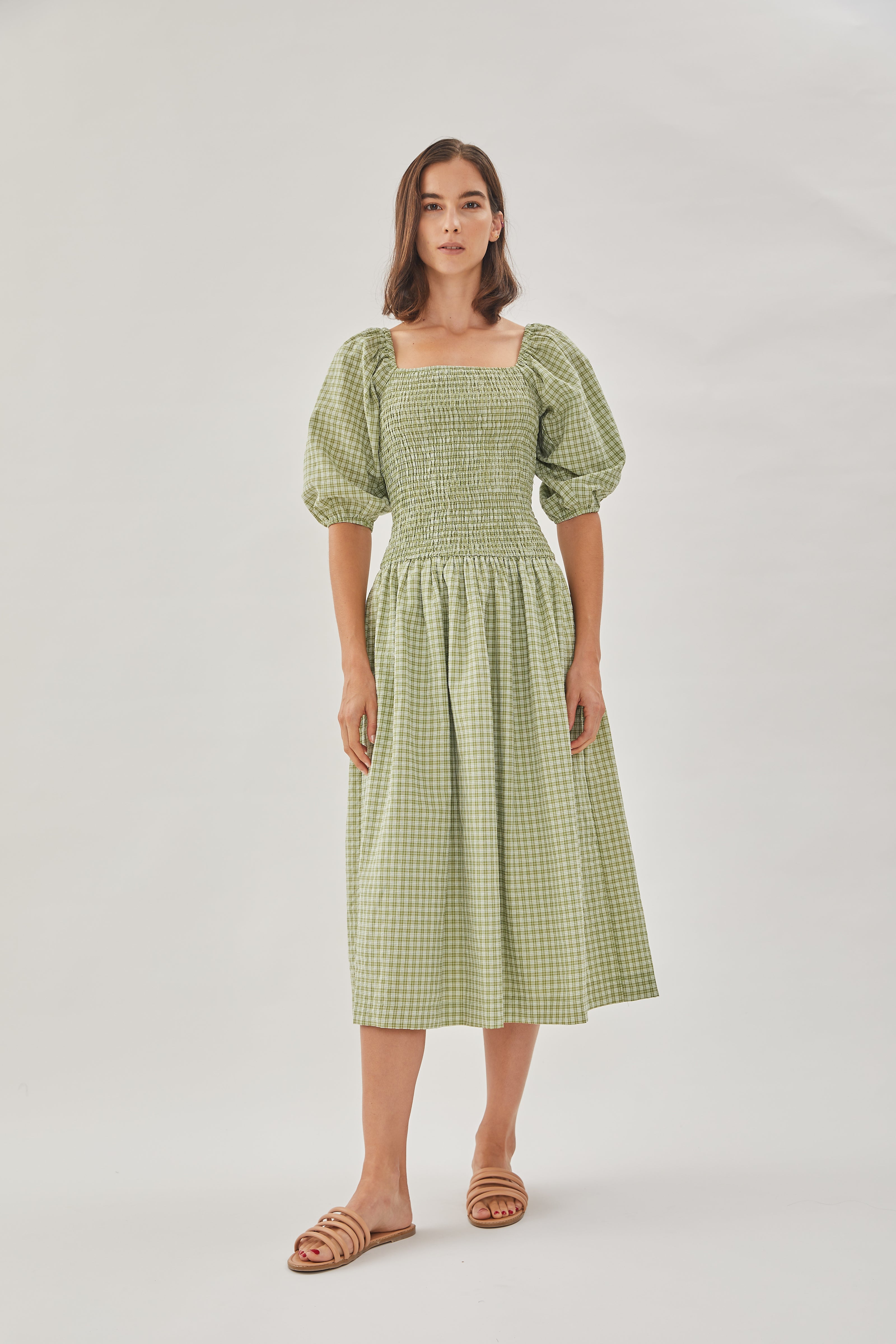 Drop Waist Shirring Dress in Gingham Fern