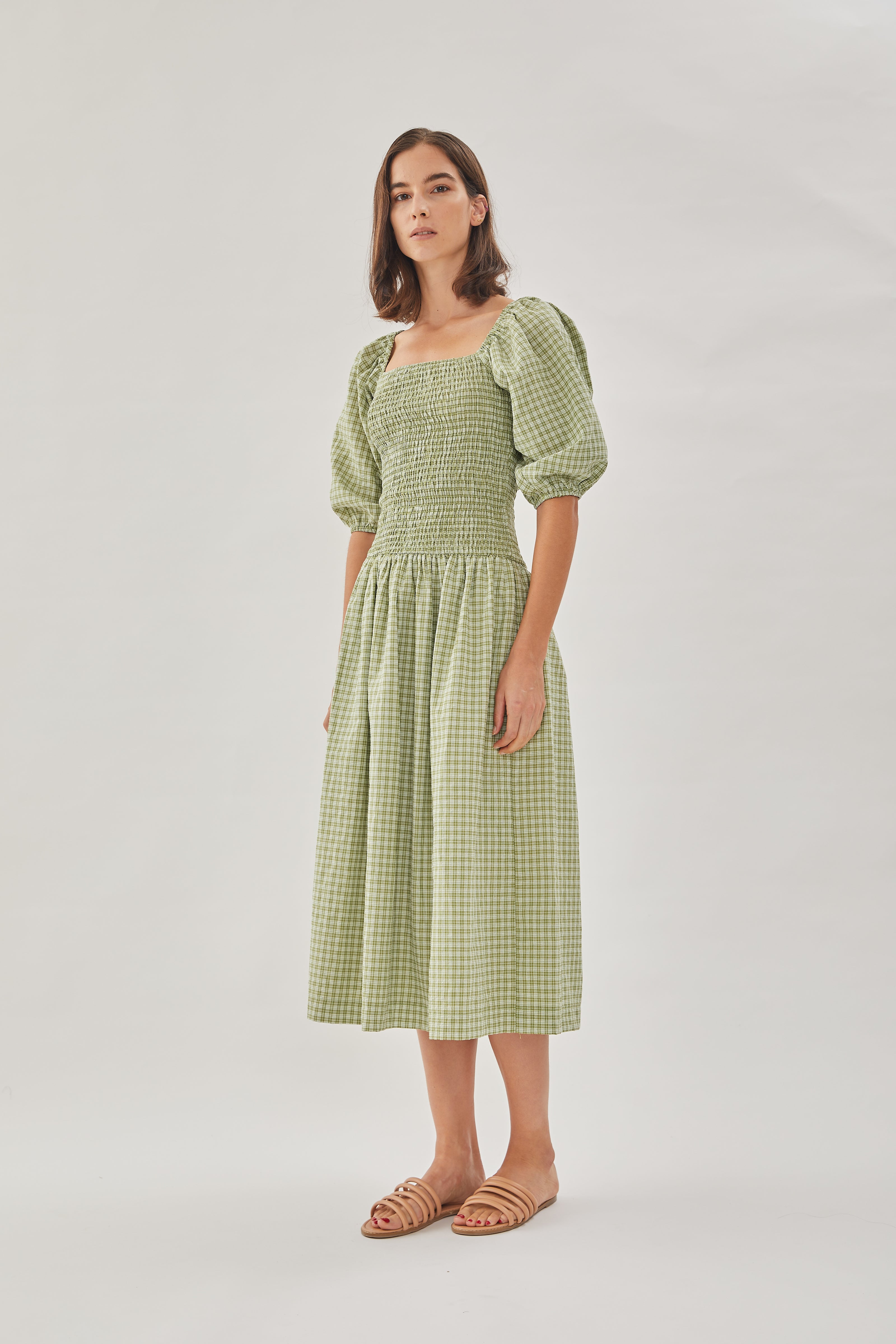 Drop Waist Shirring Dress in Gingham Fern