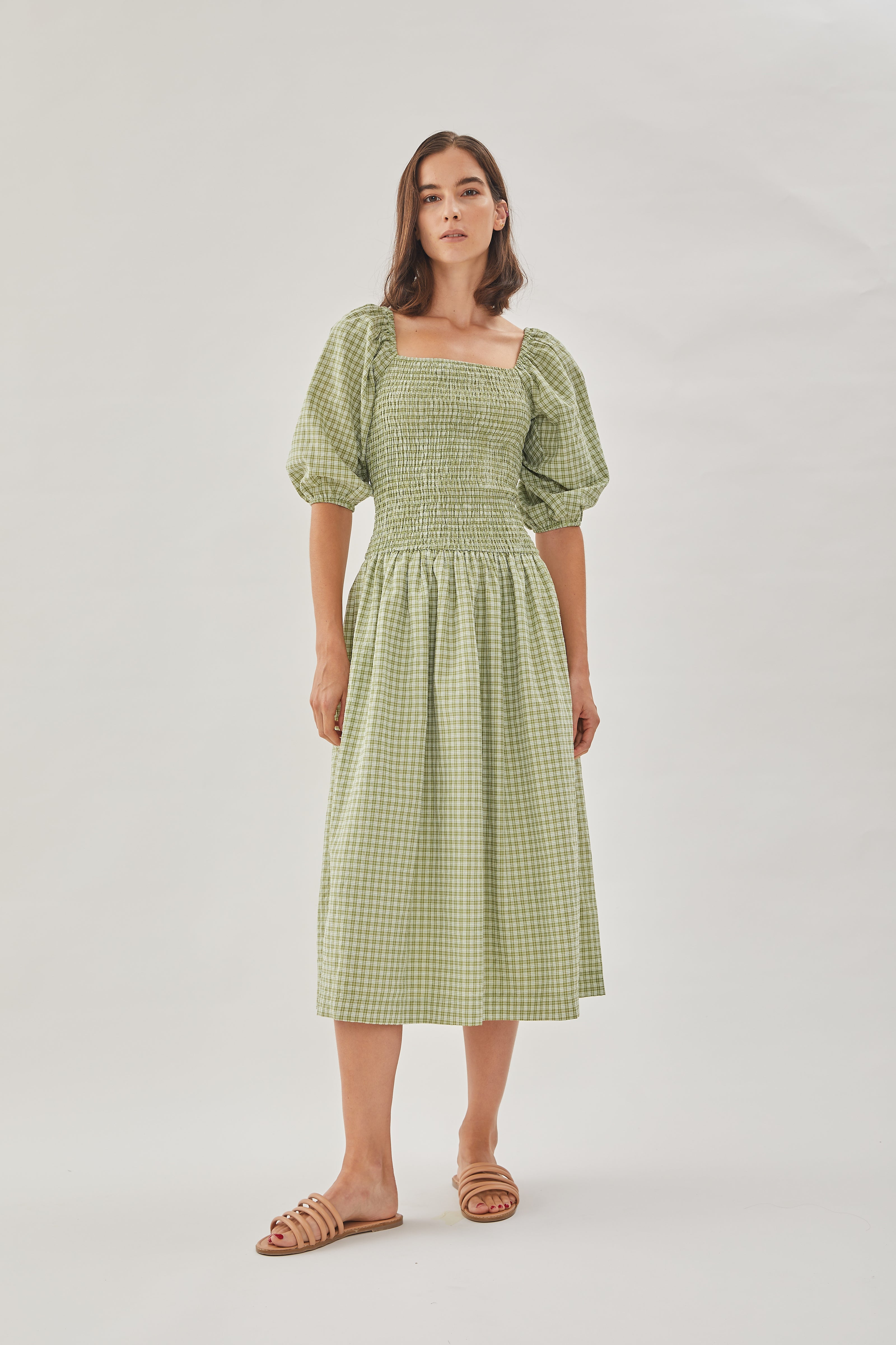 Drop Waist Shirring Dress in Gingham Fern