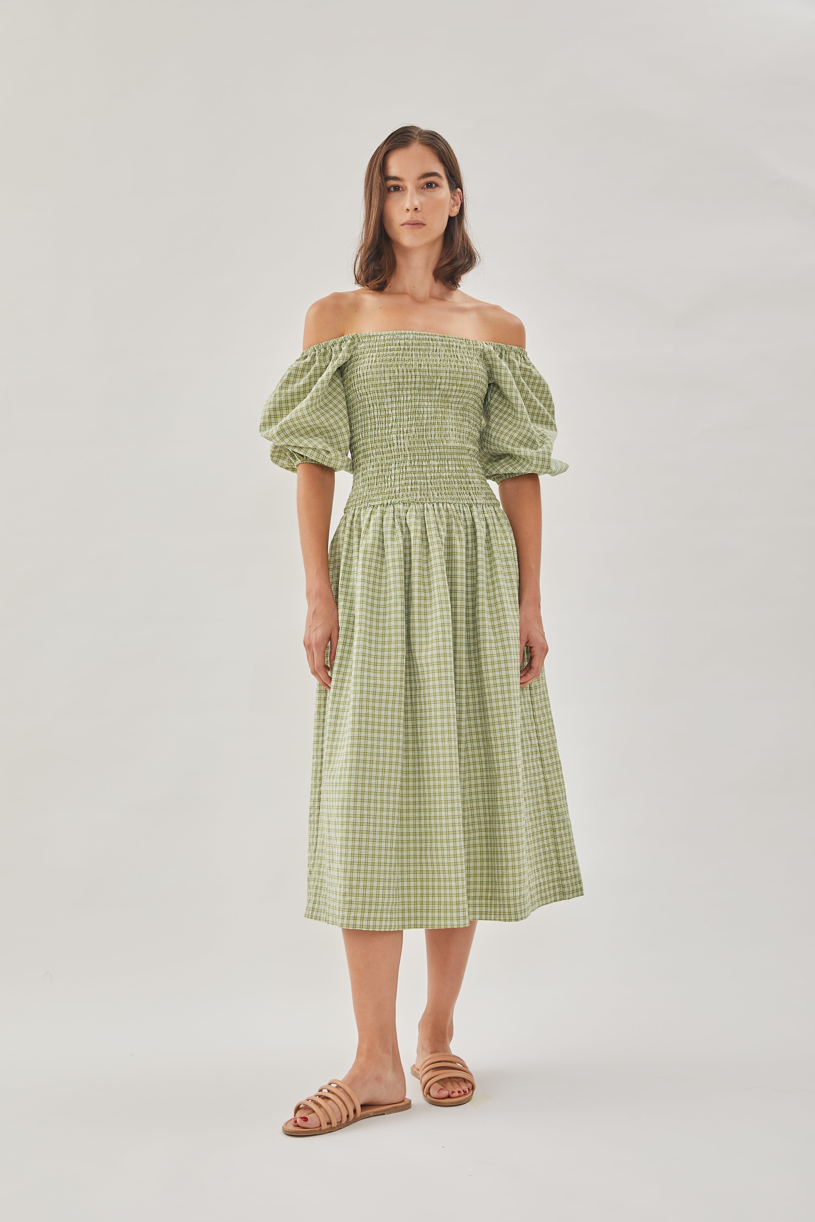 Drop Waist Shirring Dress in Gingham Fern