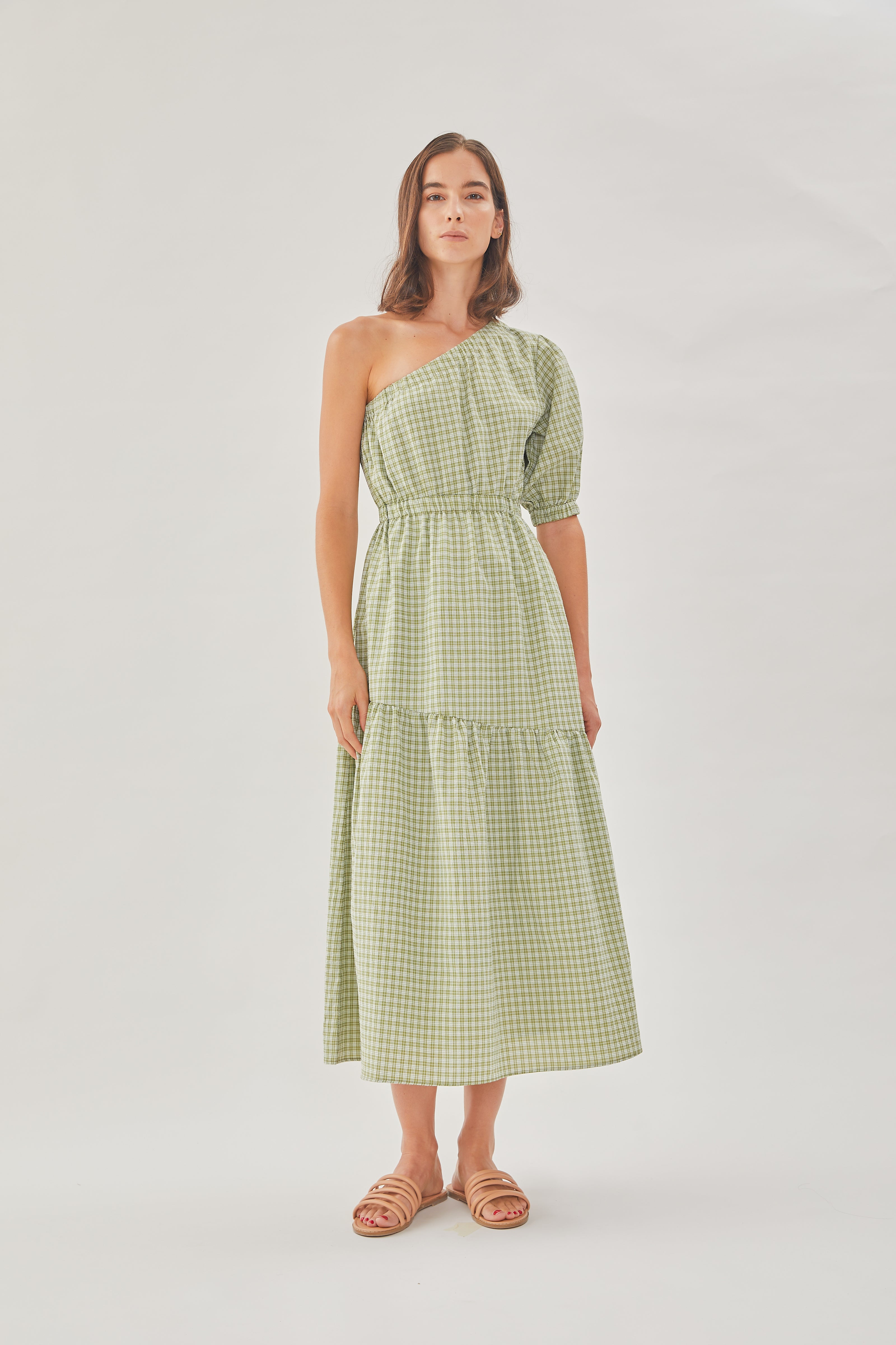 Cotton Blend Toga Dress in Gingham Fern