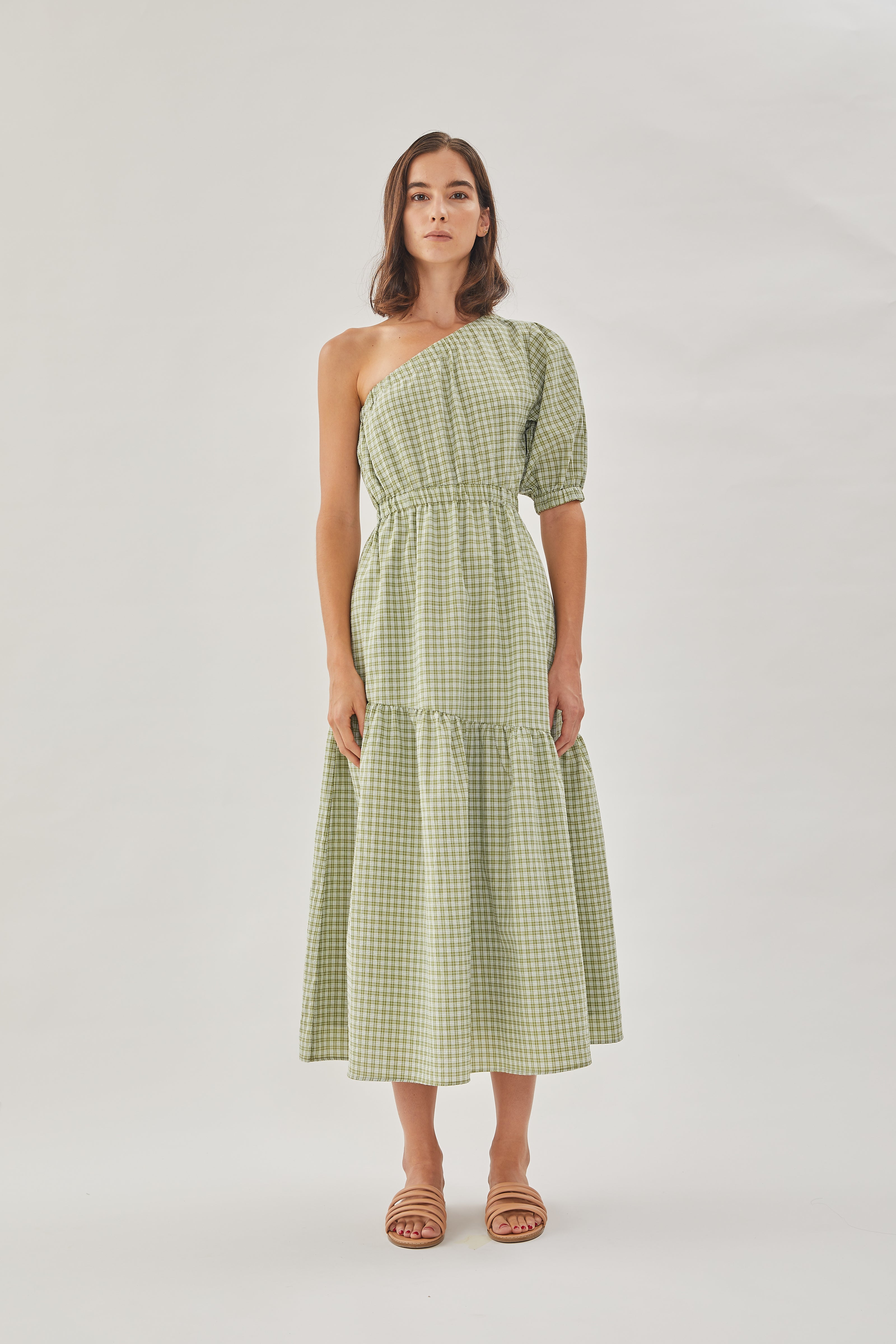 Cotton Blend Toga Dress in Gingham Fern