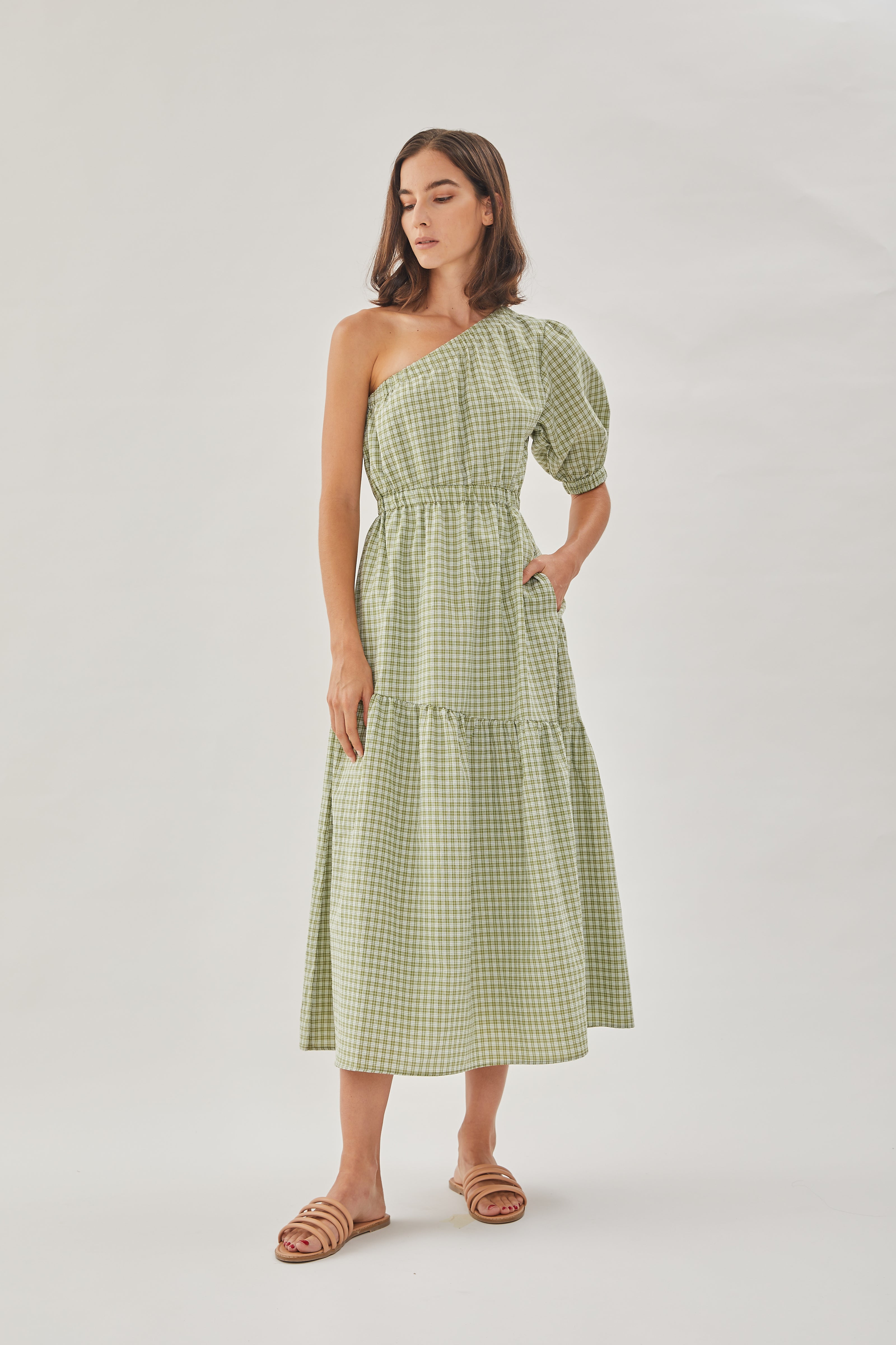 Cotton Blend Toga Dress in Gingham Fern