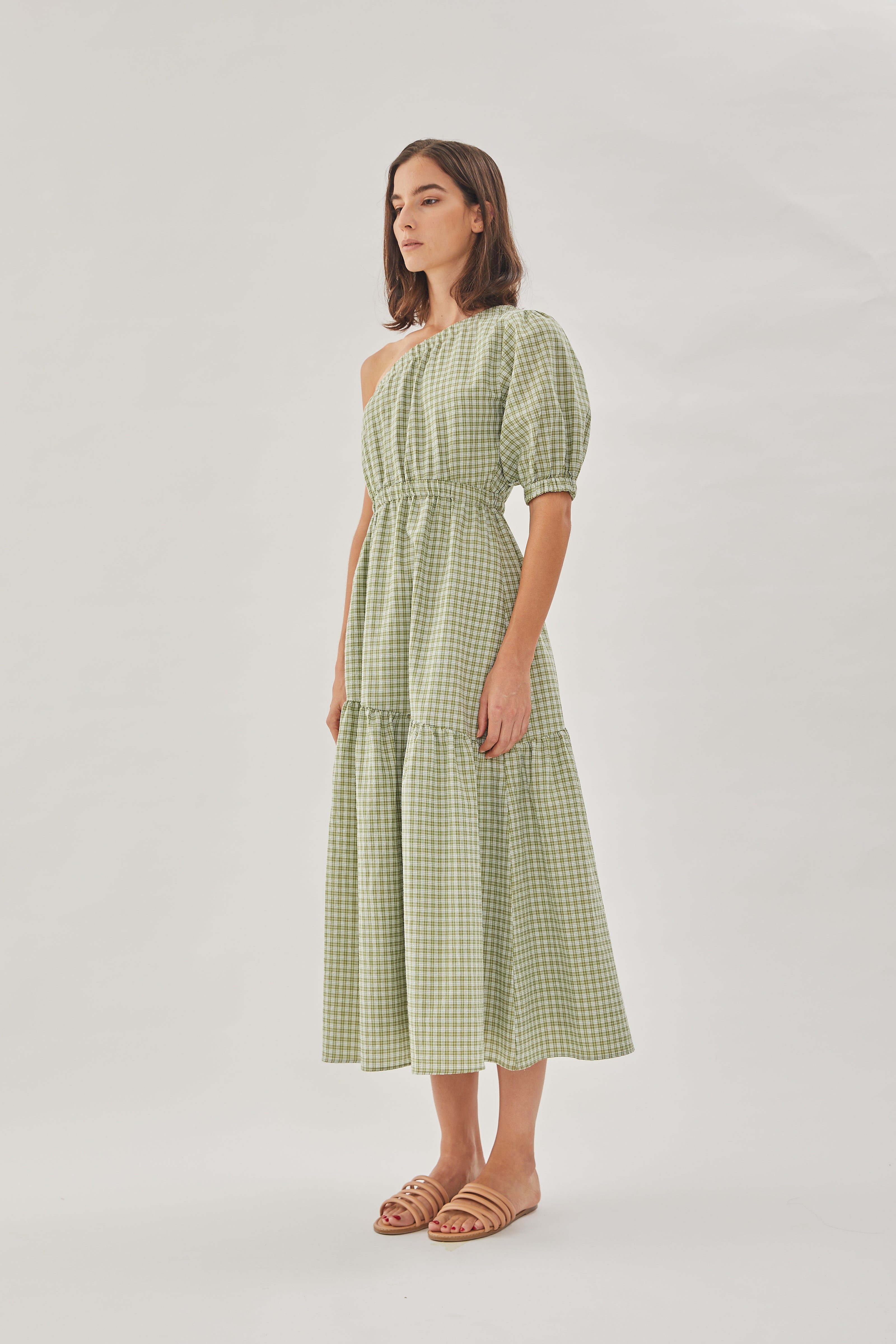 Cotton Blend Toga Dress in Gingham Fern