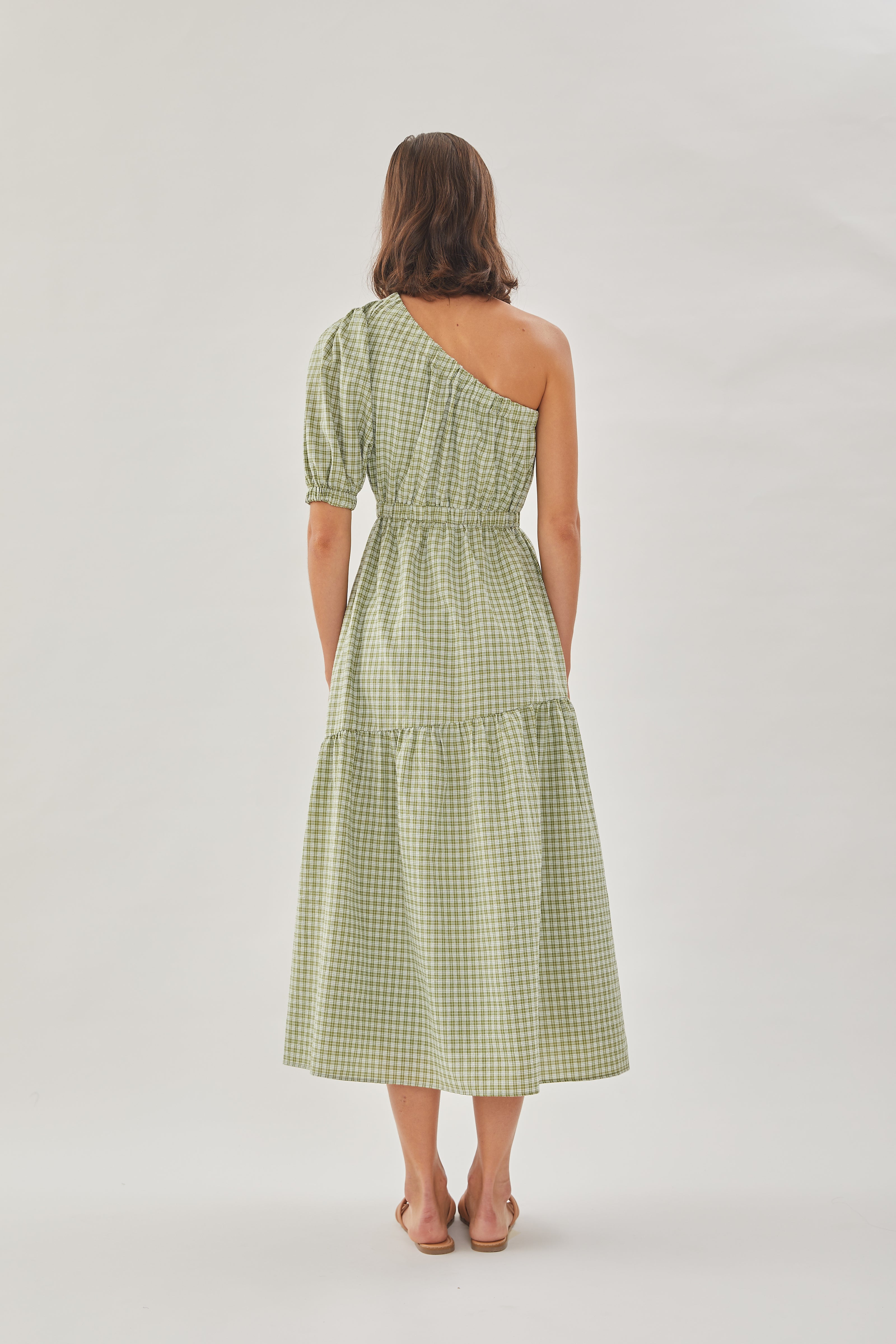 Cotton Blend Toga Dress in Gingham Fern