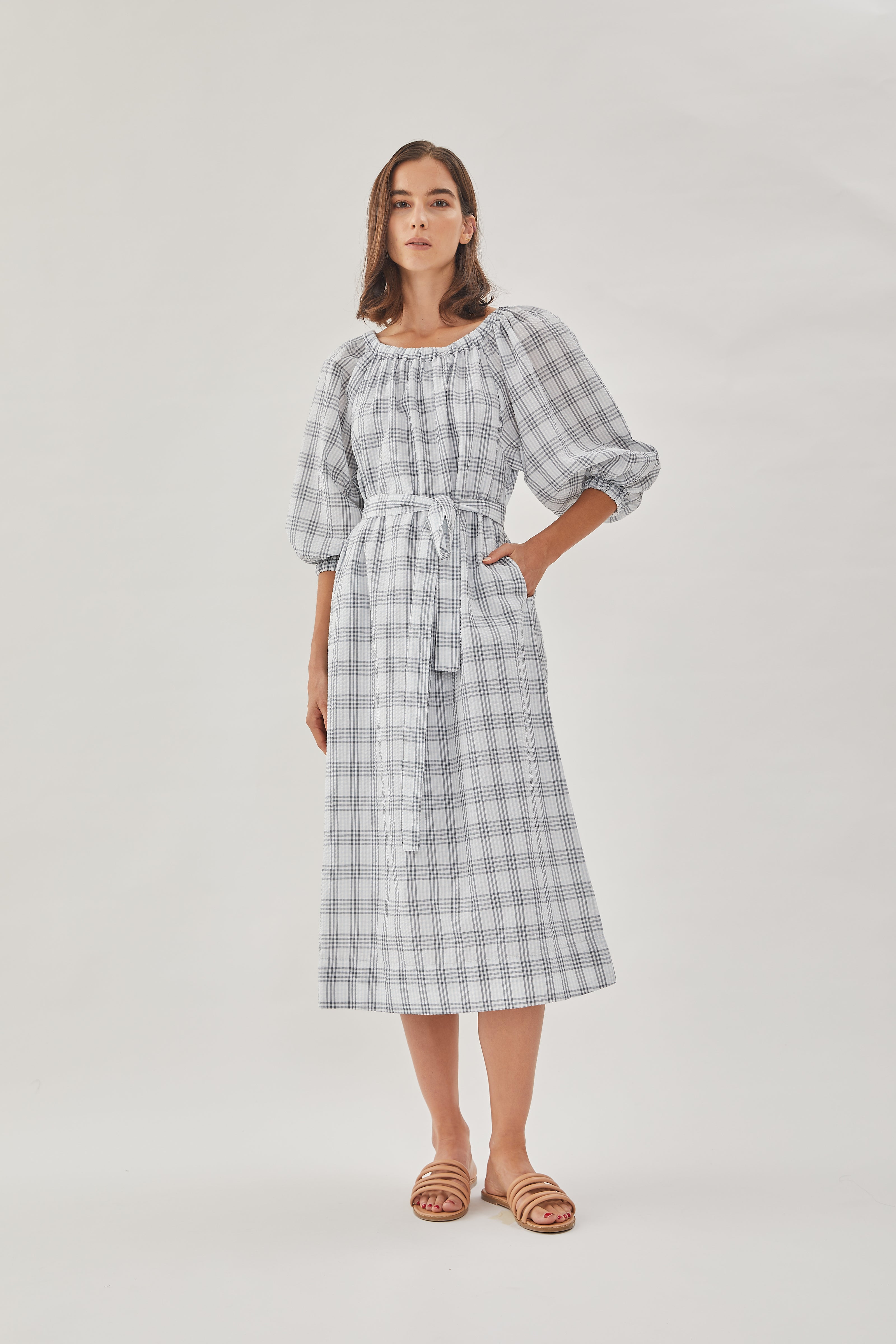 Seersucker Gathered Midi Dress in Mist