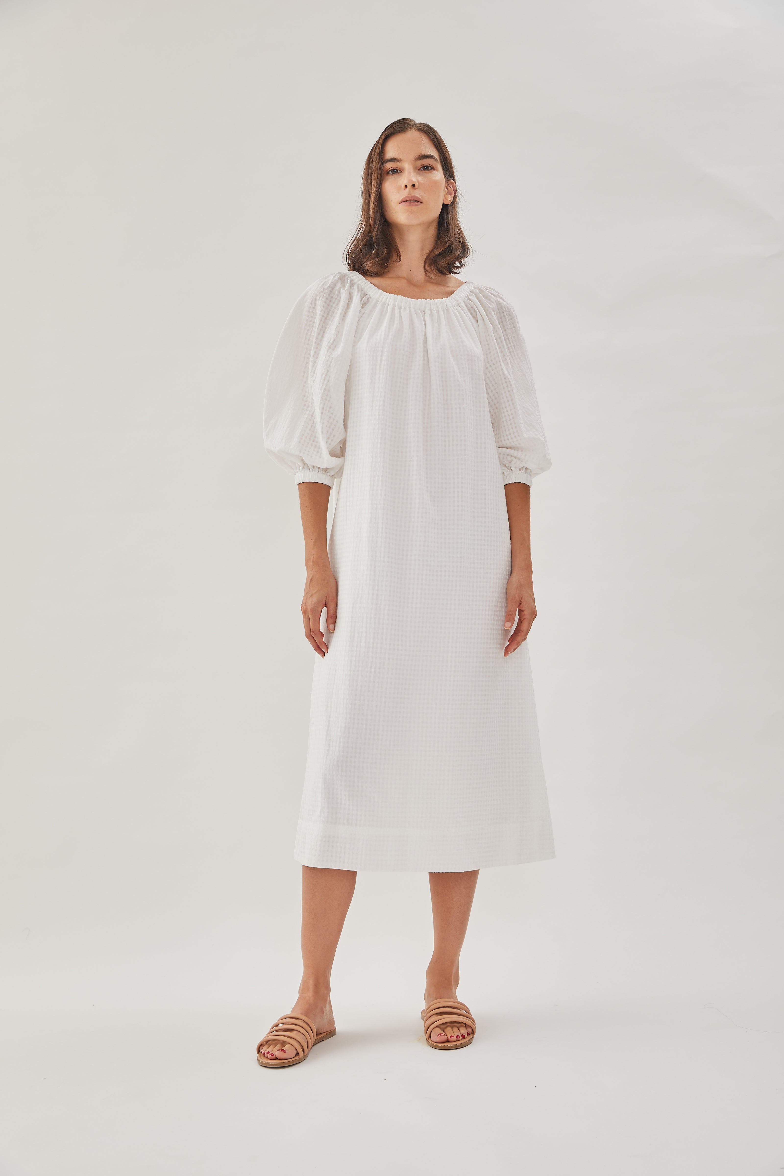 Gathered Midi Dress in White