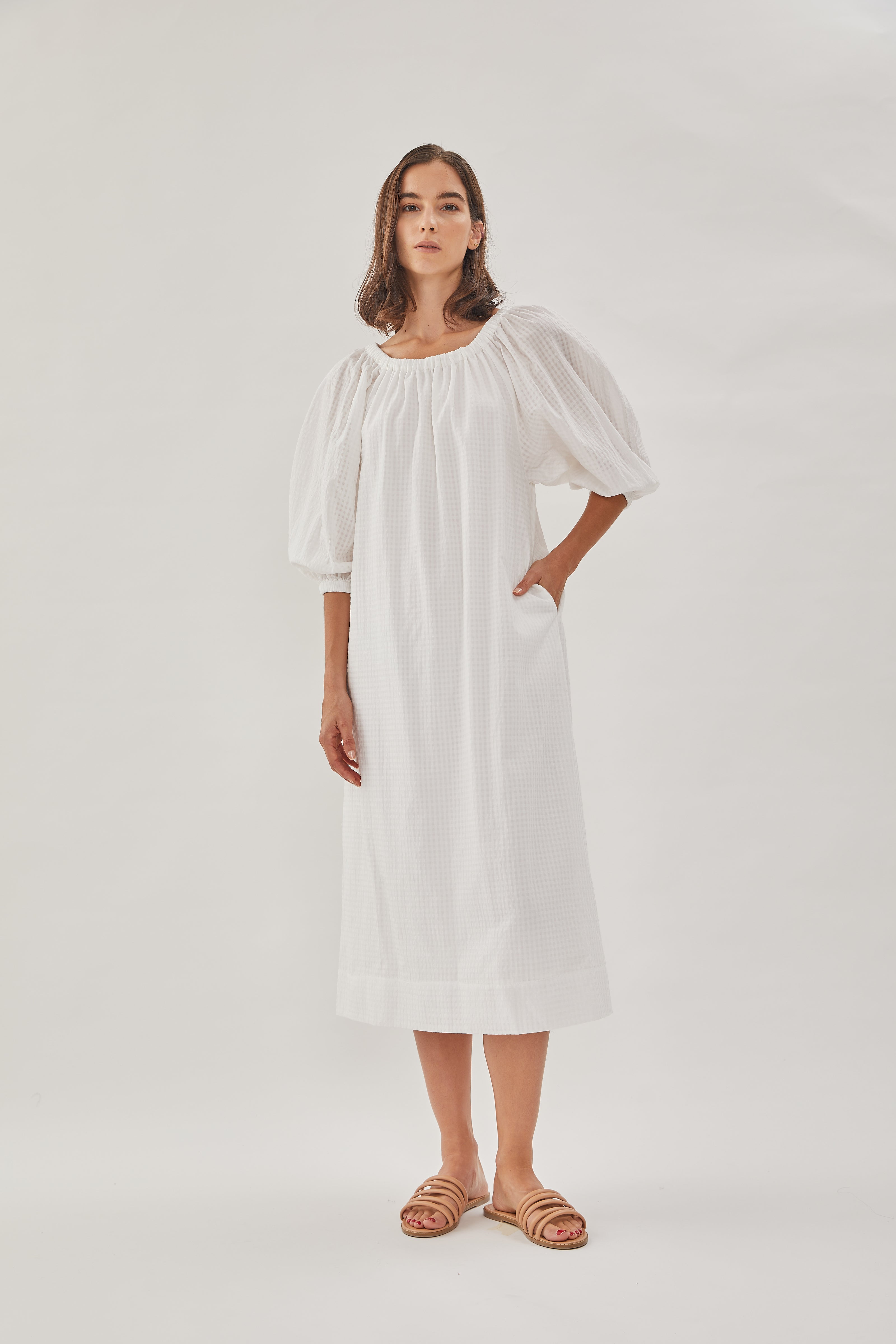 Gathered Midi Dress in White