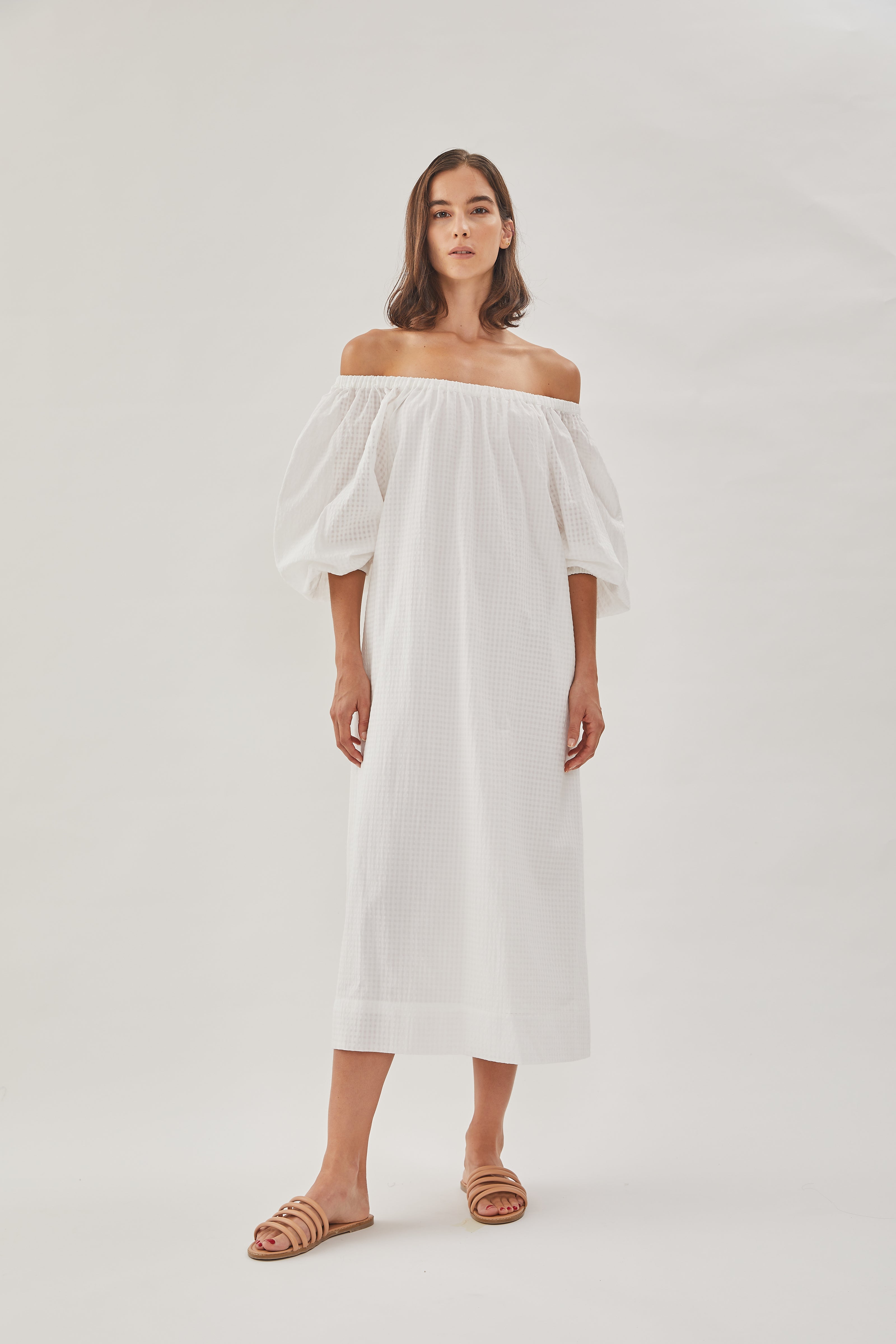 Gathered Midi Dress in White