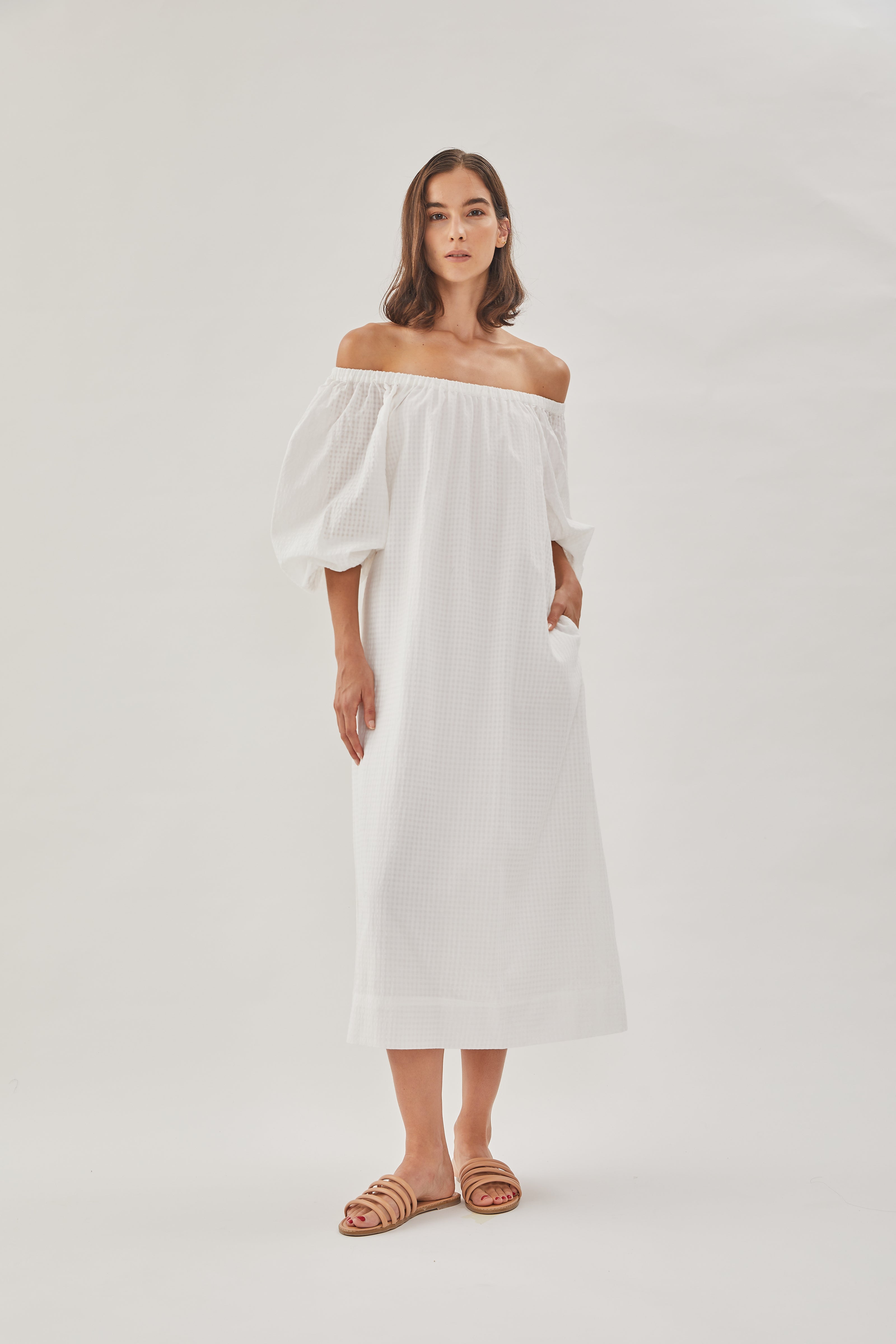 Gathered Midi Dress in White