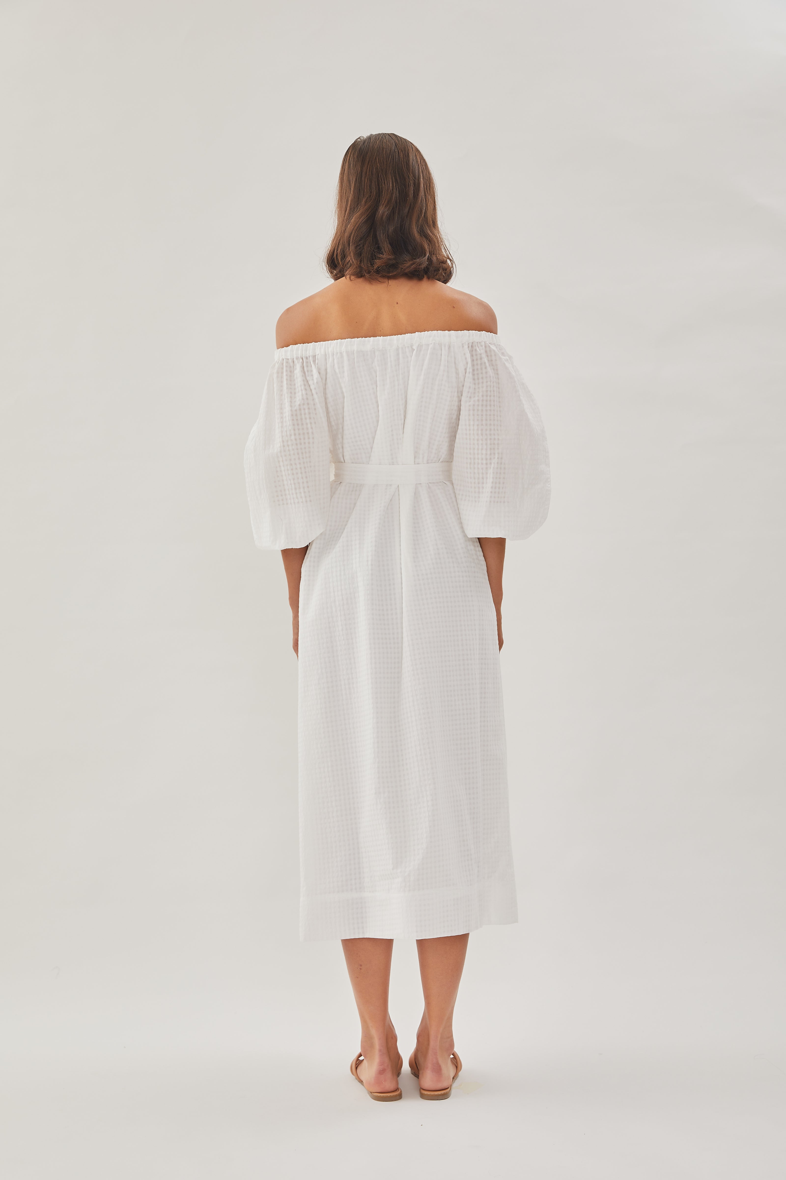 Gathered Midi Dress in White